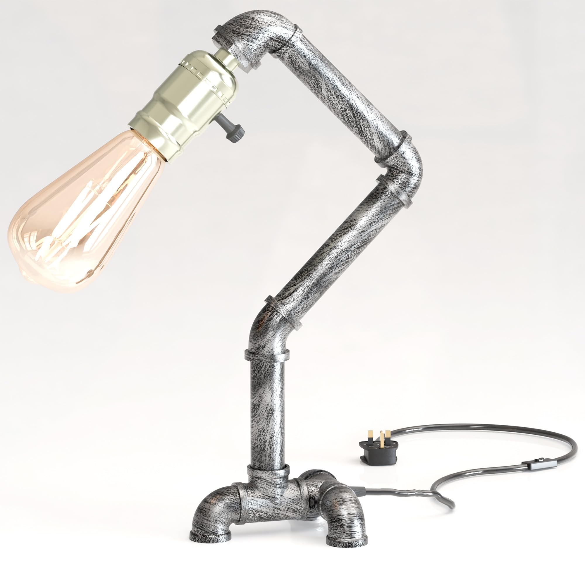 Dc Voltage Brushed Silver (Without Shade) Industrial Steampunk Pipe Table Lamp Brushed Silver 40Cm E27