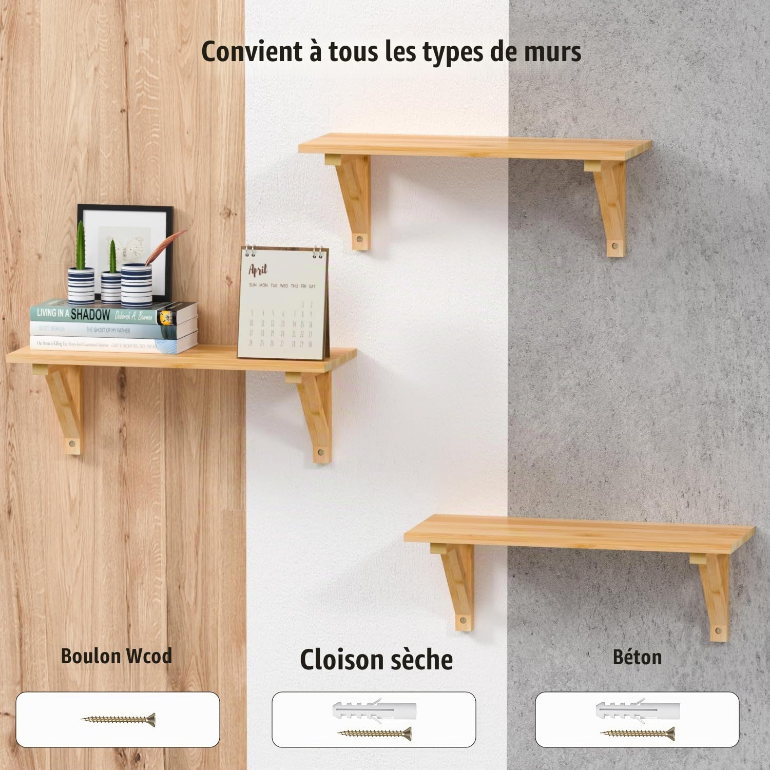 Lot de 3 Étagère Murale Bois pour Salon Chambre Bureau Salle de Bains ou Cuisine
