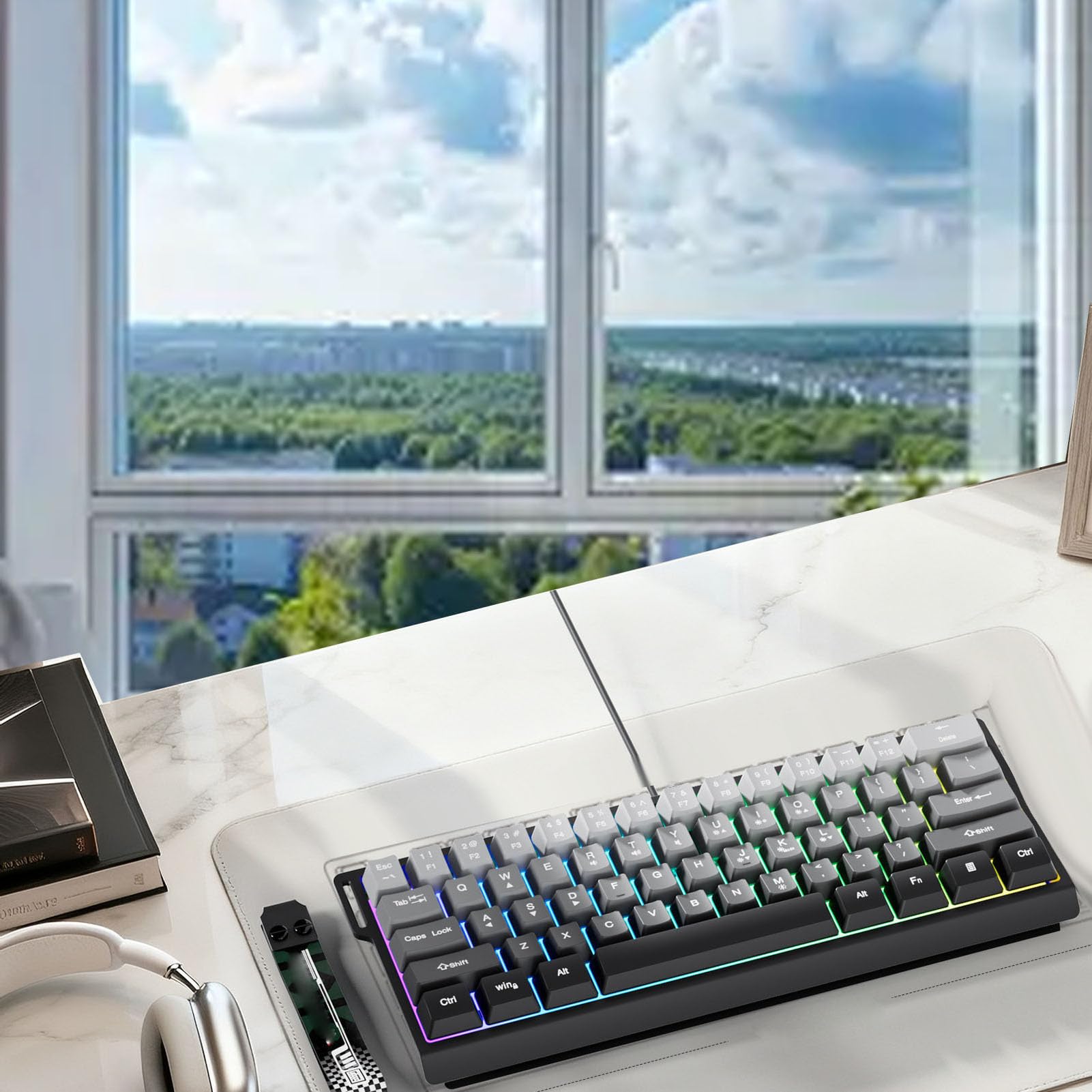 Garsent Mechaniczna Klawiatura do Gier, 60-procentowa Przewodowa, Podświetlana Kompaktowa Mini 61 Klawiszy Klawiatura do Laptopa PC, Czerwony Przełącznik, Ergonomiczna