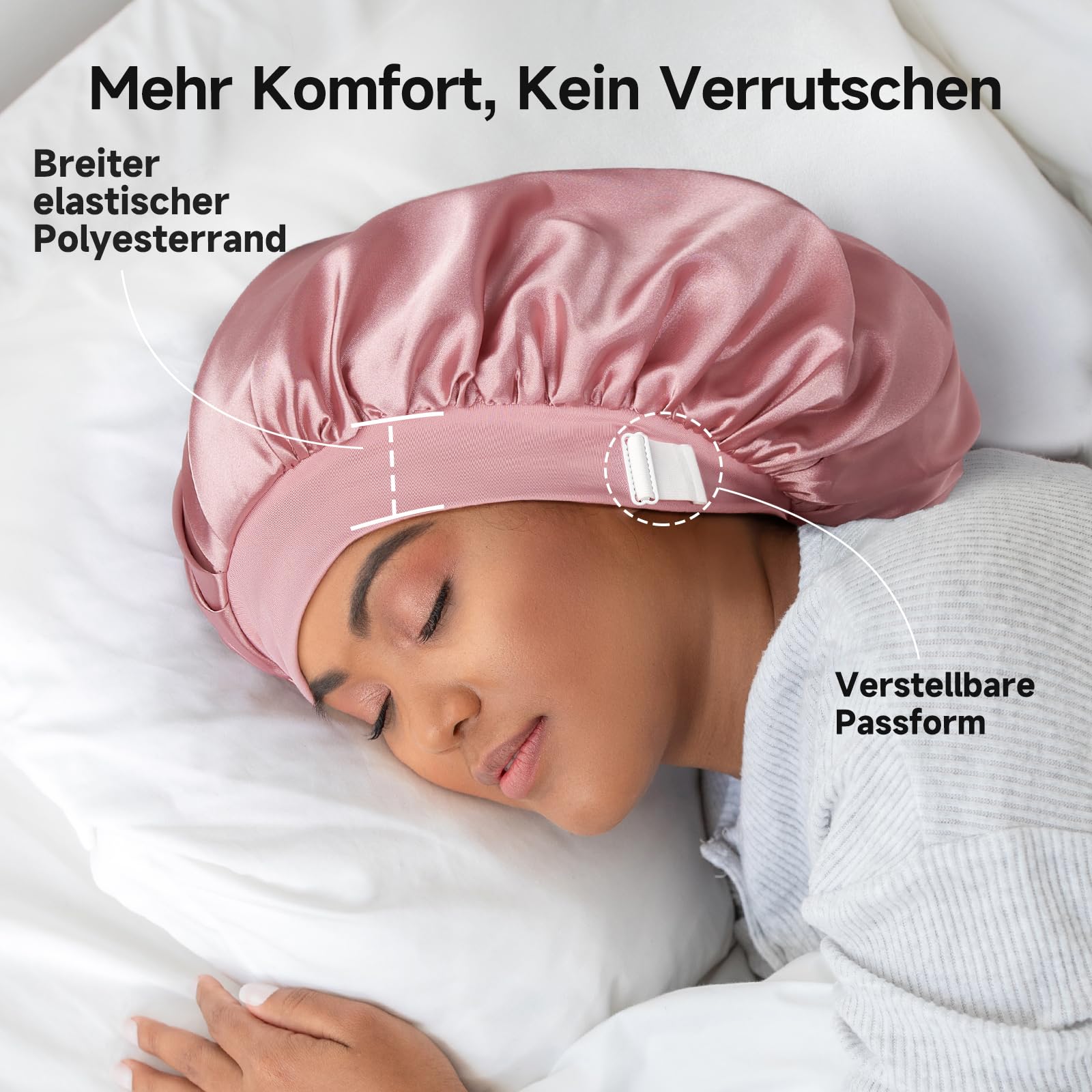 Umisleep 22 Momme Schlafhaube zum Schlafen mit Maulbeerseidenfutter, Doppelschicht Schlafmütze, Verstellbar mit Elastischem Band, rutschfest & Haarschutz für Lange und Lockige Haare, Weich, Rosa