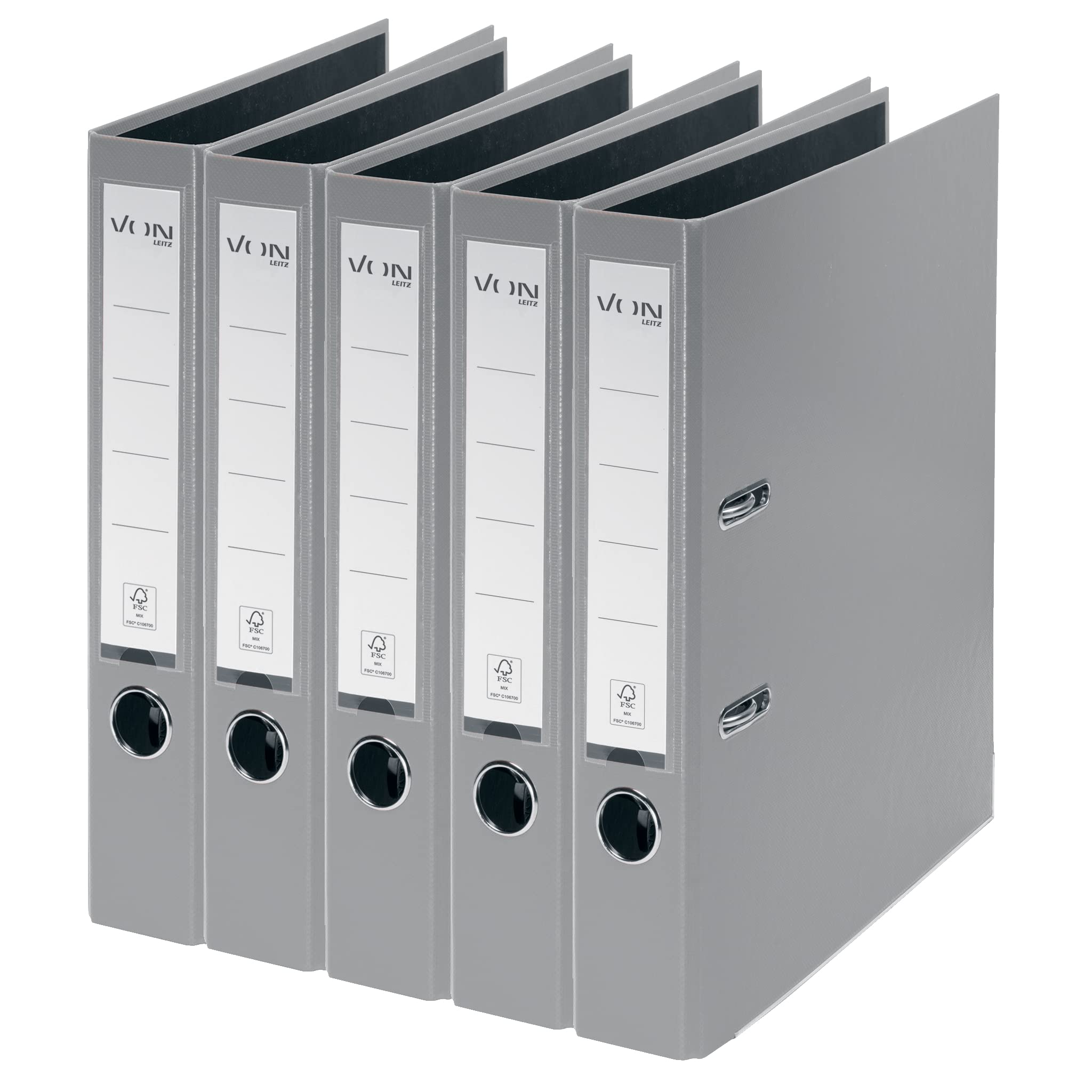 VON Leitz Pack of 5 A4 Folders, Cardboard with Plastic Cover, 50 mm Spine Width, for 350 Sheets, FSC-Certified Cardboard, for School, Study & Home, Grey, 10561085