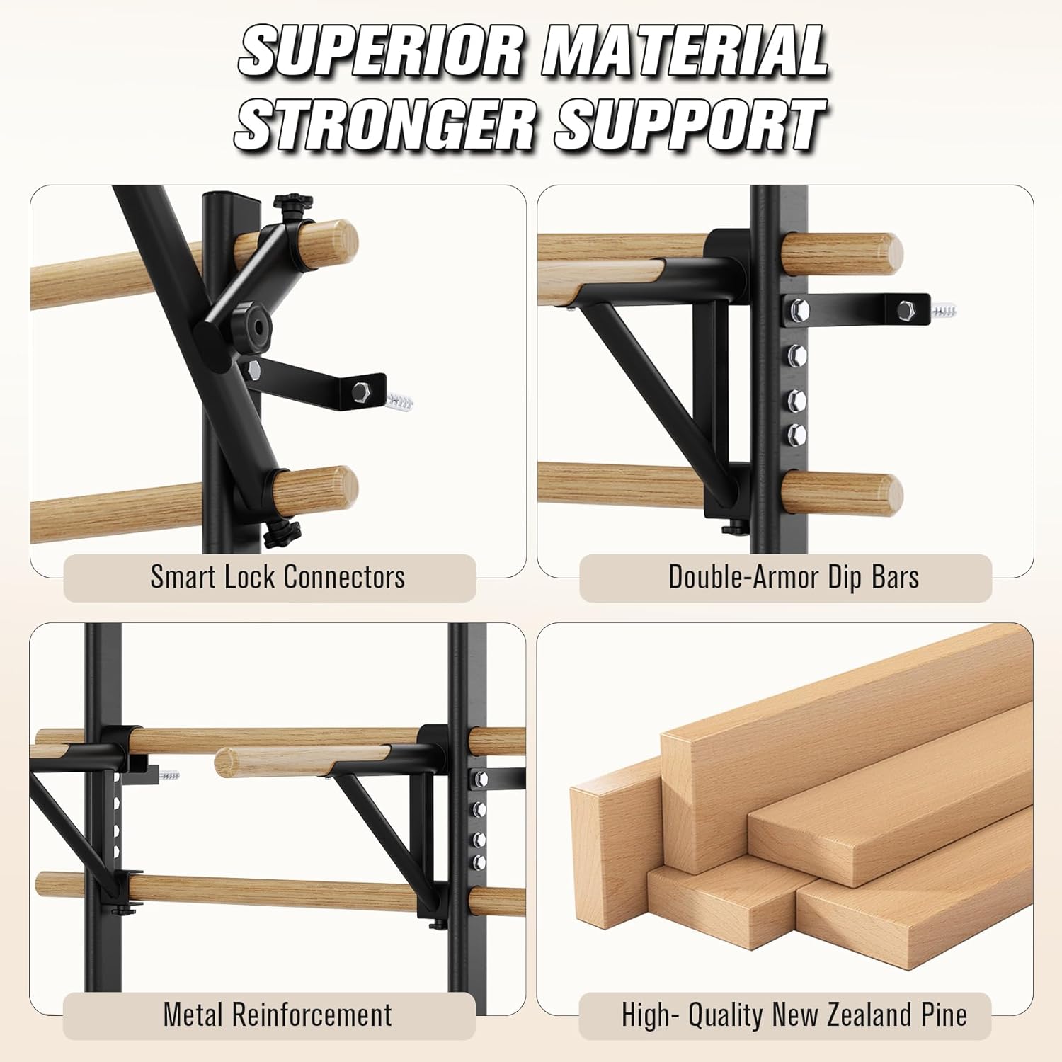 Swedish Ladder Wall Gym, Stall Bar Home Gym with Adjustable Pull-Up Bar, Dip Bar Attachments & 2pcs Resistance Band, 9 Strategic Rods for Core Strengthening and Stretching Balanced for Body Exercise