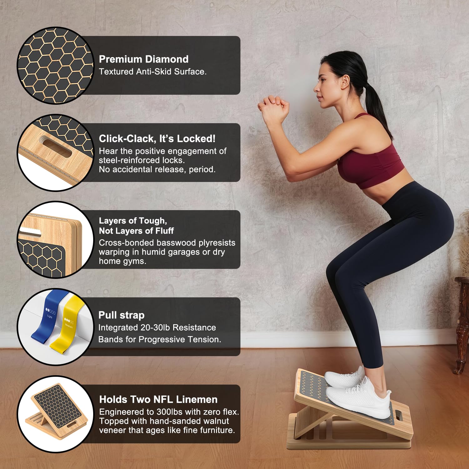Planche inclinée en bois pour étirement des mollets, réglable et portable avec guide d'entraînement, capacité de charge de 136 kg, équipement de physiothérapie pour jambes, genoux, talons et chevilles
