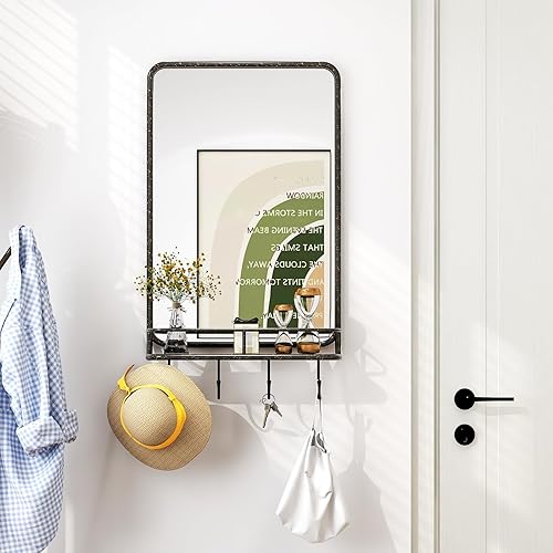 Miniatura 3 de Tangkula Espejo de pared con estante y 4 ganchos, espejo rectangular vintage, marco de metal y esquina redonda, espejo de pared de granja para baño,