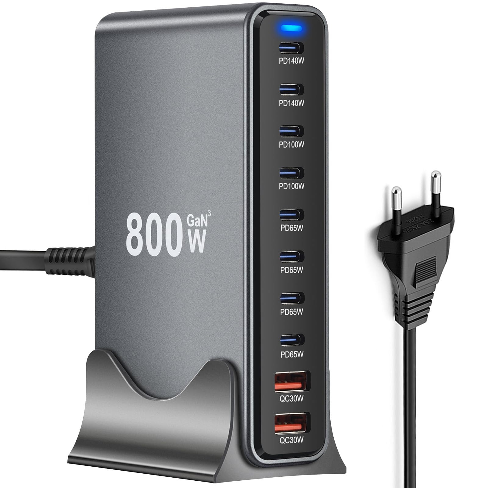 GaN3 800 W ładowarka USB C, 8 portów USB-C (140 W/100 W/65 W) i 2 porty USB-A (30 W QC) – kompaktowa ładowarka wielofunkcyjna, kompatybilna z laptopami, iPhone 15/16, Galaxy, PS5 do podróży