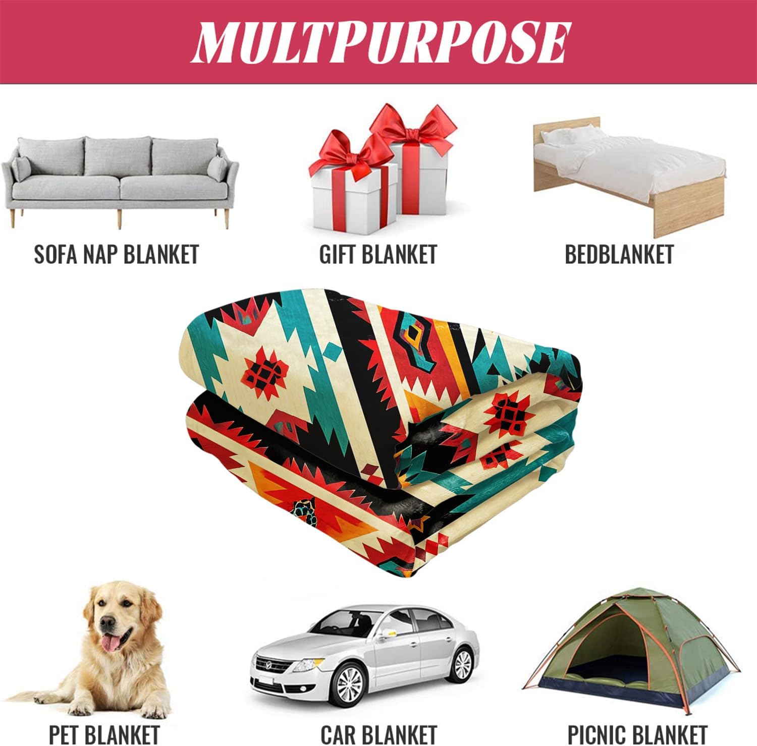 HommomH Southwestern Aztec Blanket, Native American Farmhouse Decor, Super Soft Fleece Throw Blankets for Couch Sofa Bed, 60" x 80" - Image 4