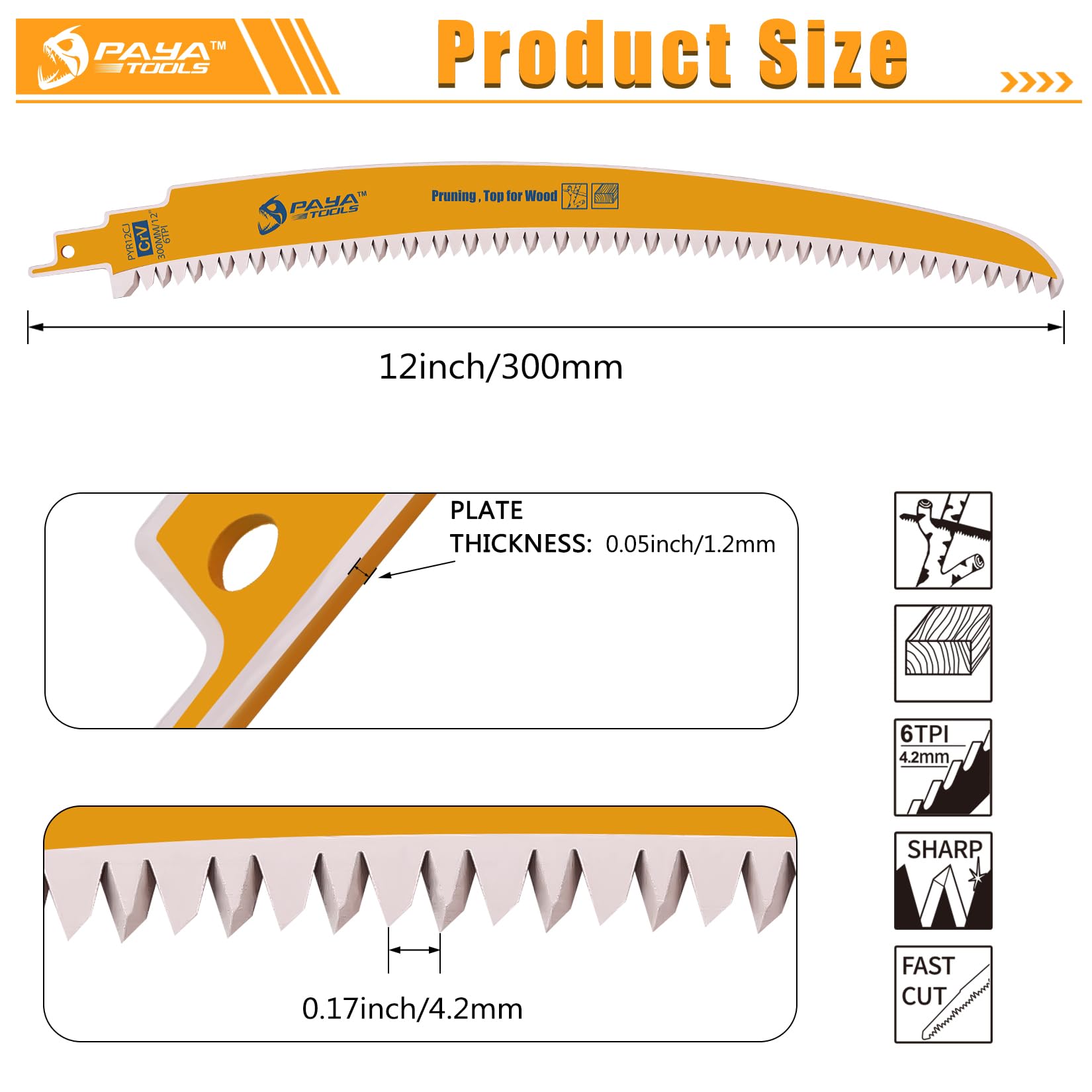 PAYA PYR15CJ - Hoja de sierra de sable (300 mm, 6TPI, dientes japoneses, para madera, corte de árboles y trabajos de talado, hoja de sierra péndulo con borde curvado, uso universal, 3 unidades)