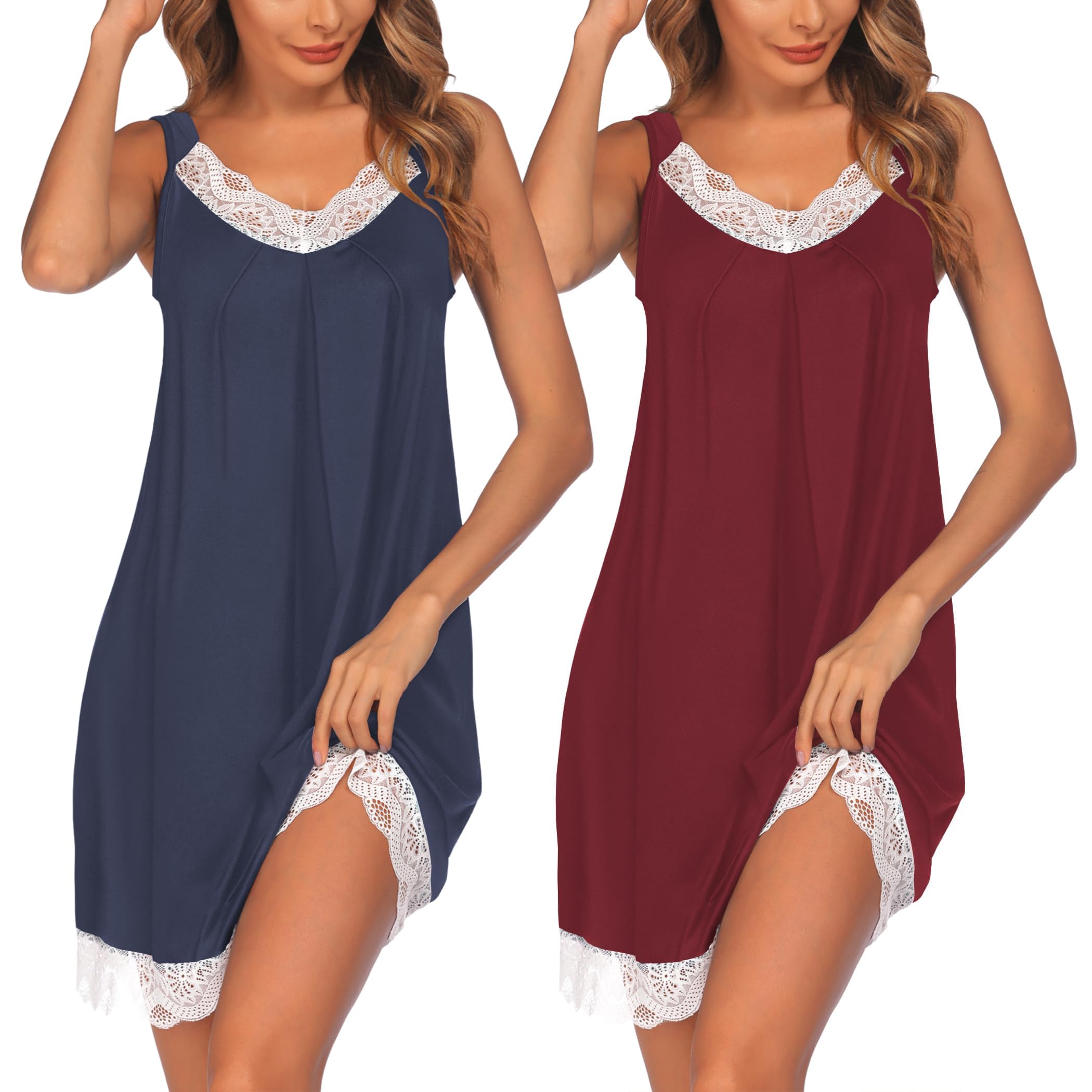Ekouaer Damen Nachthemd Ärmellos Chemise Nachtwäsche Sexy Lose Full Slips Spitze Negligee V-Ausschnitt Nachtwäsche Soft Jersey Dessous 2pcs Navyblau+weinrot XL