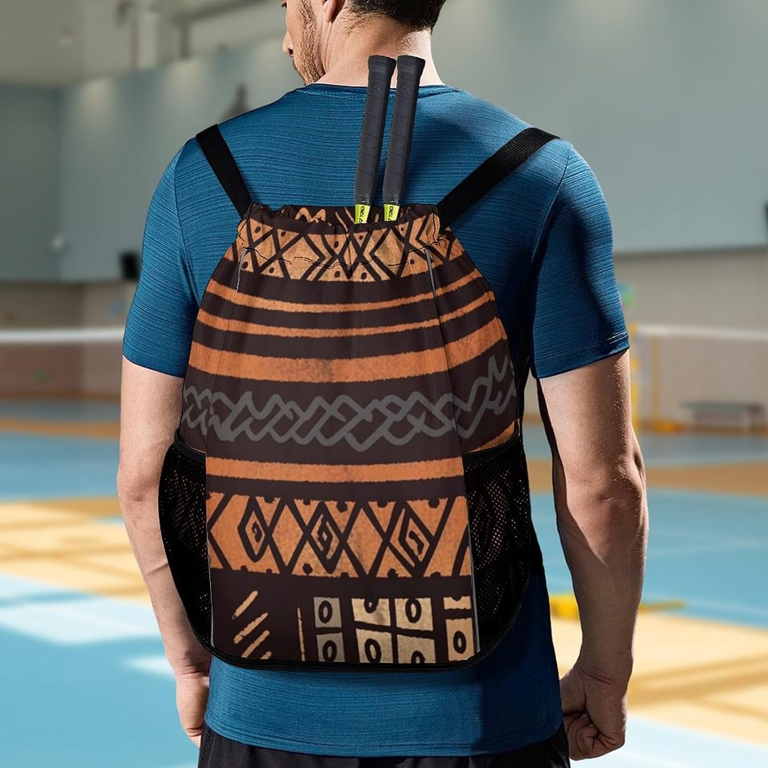 Small Gym Bag African Mud Cloth Tribal Printed Drawstring Gym Bag for Men Lightweight Waterproof Drawstring Backpack for Women with Shoe Compartment for Travel Tourism Work And Fitness