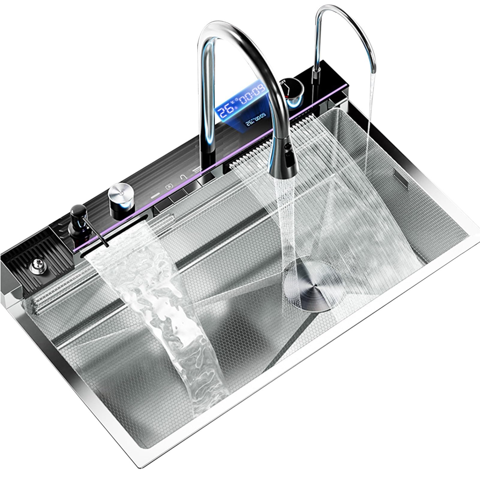 Smart Kitchen Sink with Silver Digital Display Double Waterfall Kitchen Sink Large 304 Stainless Steel Single Sink