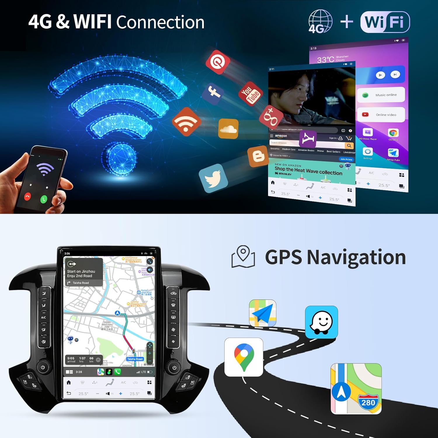 Car Radio for Chevrolet Silverado GMC Sierra 2014-2019 Stereo Radio Upgraded 8+128G 14.4 Inches 2K Screen Tesla Style Carplay Android Auto GPS Navigation OEM 8 Inch