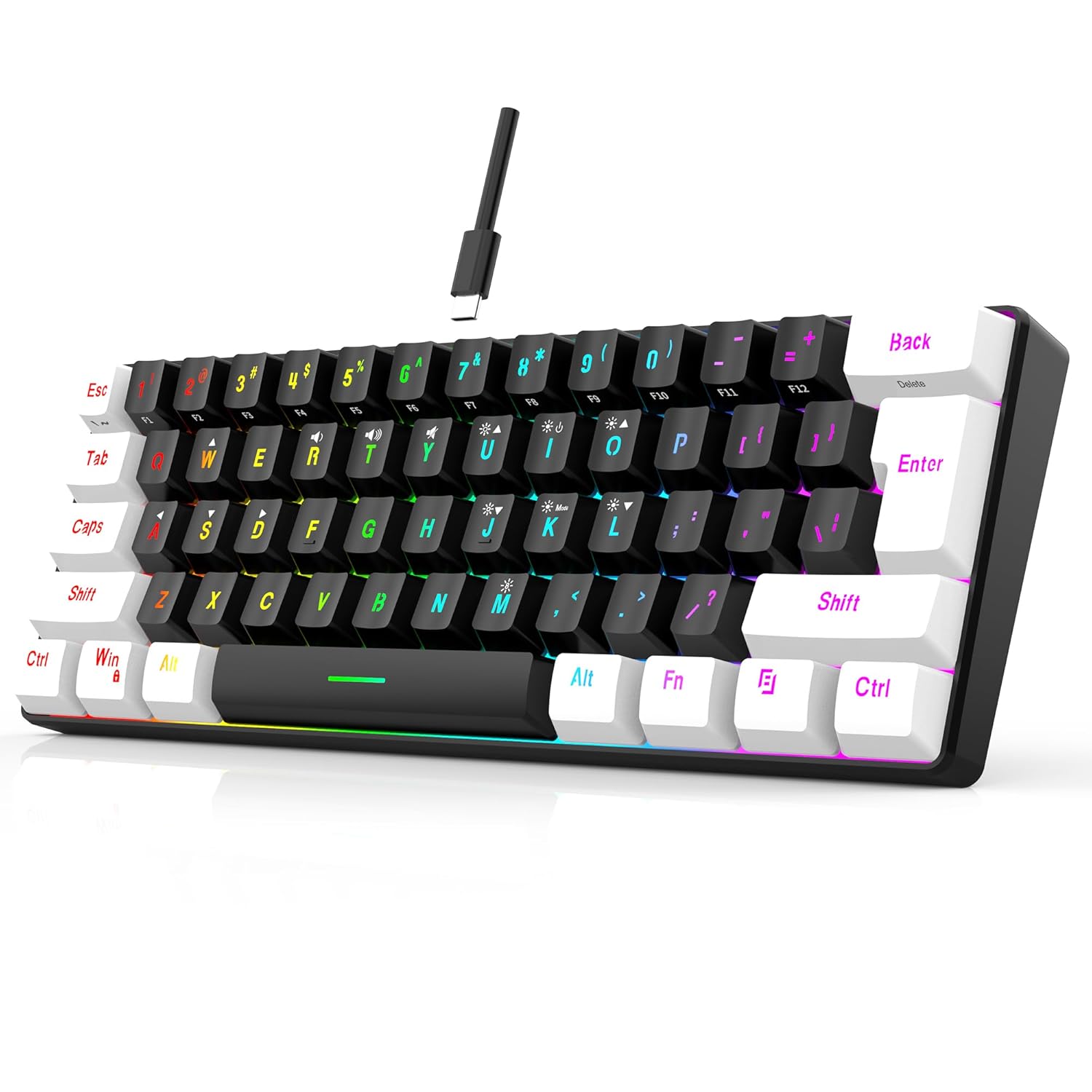 7KEYS 60% Mini Gaming Keyboard, Wired, 61 Keys, RGB Backlit, Mechanical Feel, Portable, Black and White, for PC/MAC/Laptop