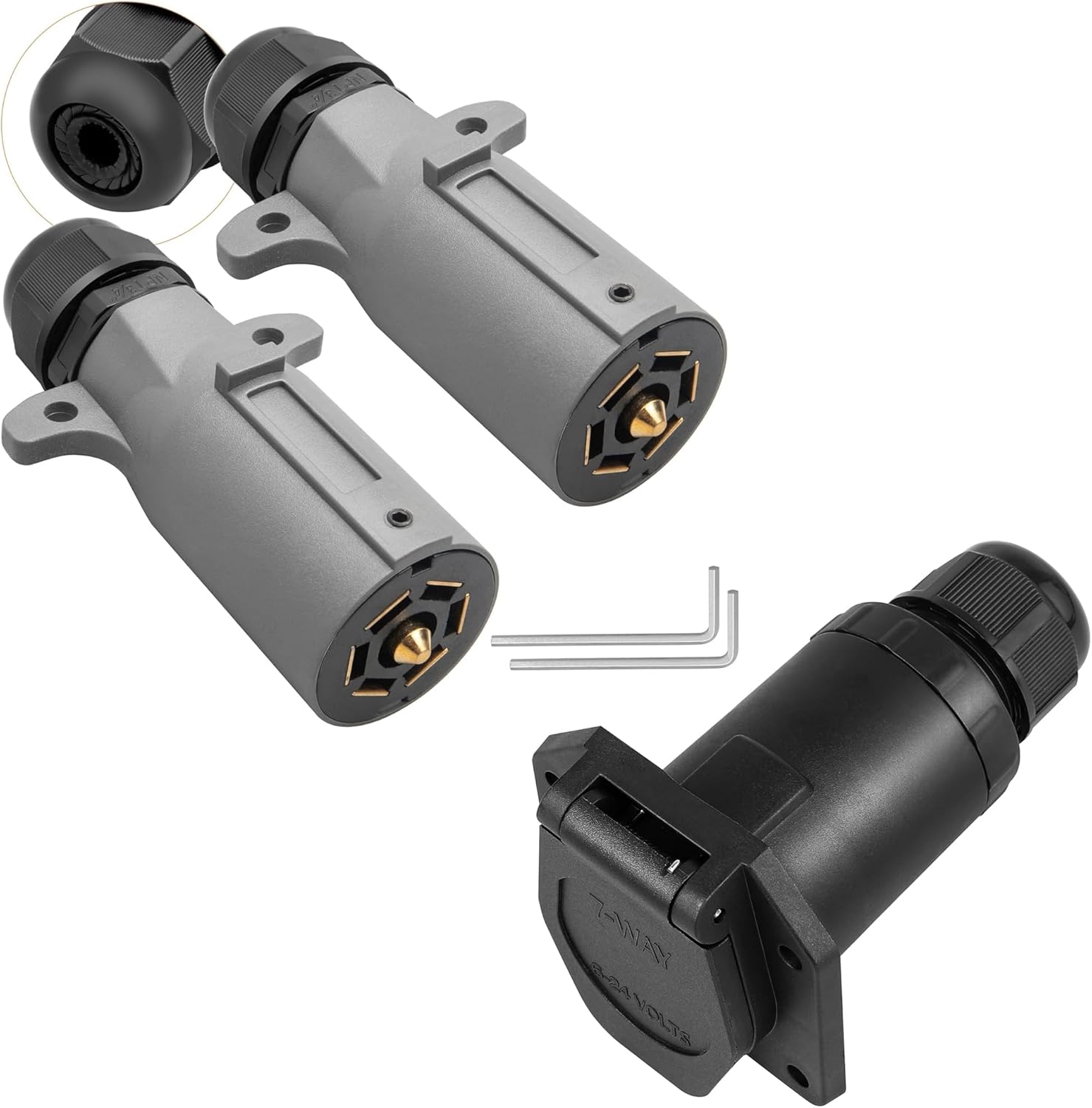 Oyviny RV 7 Pin Trailer Plug with IP68 Waterproof Seal 2PCS + Detachable Vehicle Side 7 Way Trailer Socket