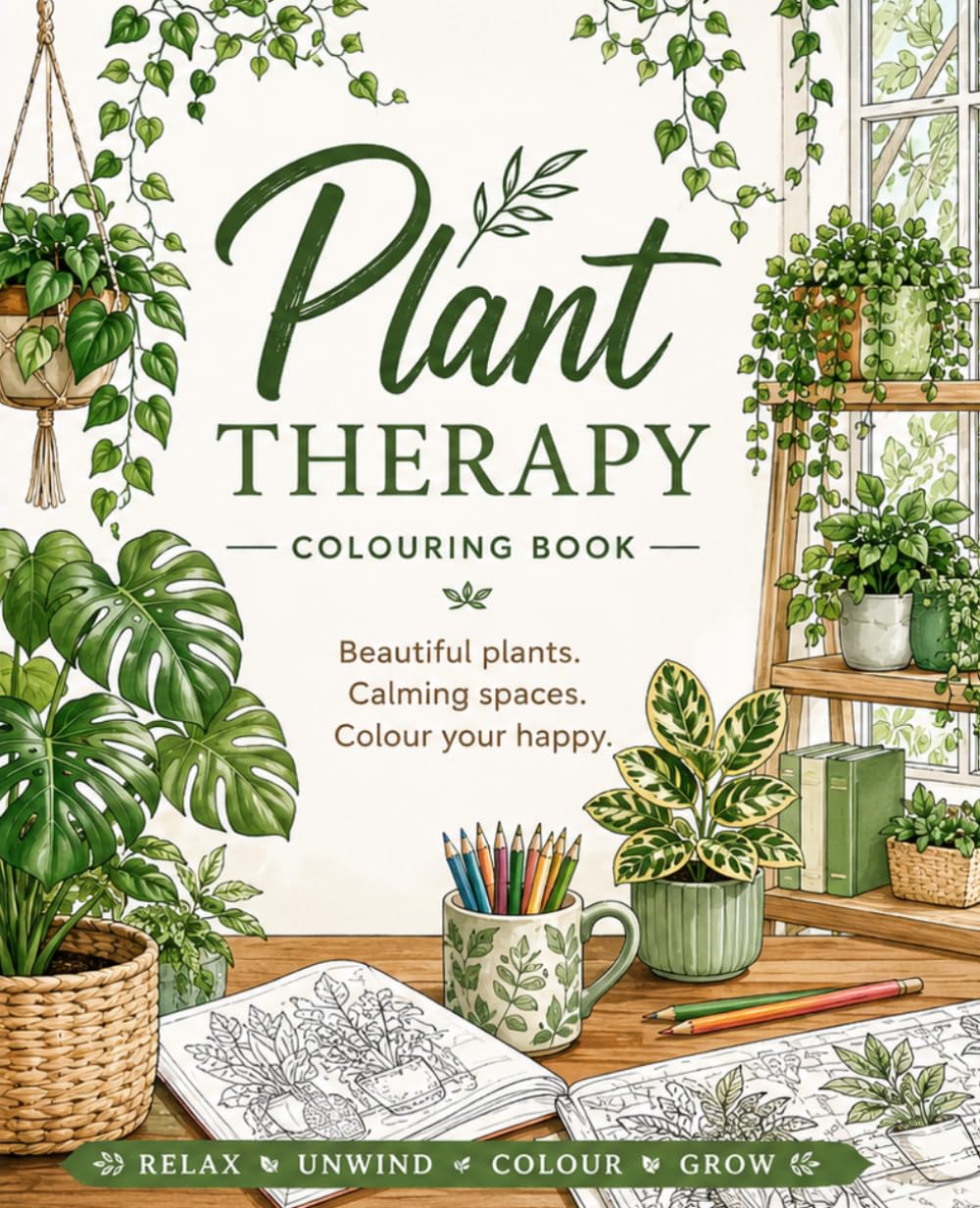 Plant Therapy Colouring Book Beautiful Indoor Plants & Cozy Spaces to Colour