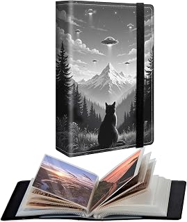 Small Photo Album 5x7 inch PU Leather Cover Photo Albums with 120 Photos Transparent Inner Pockets & Elastic Band Design Cute Photo Albums for Family Anniversary Wedding - Cat Forest and Mountains