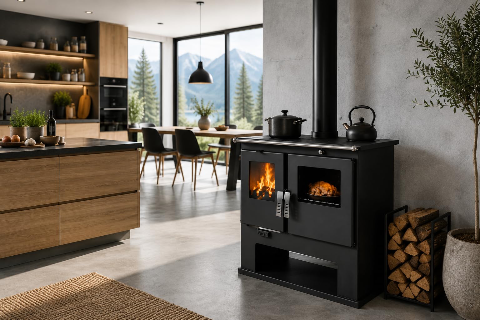 Verso CS Stufa a legna con forno 7,7 kW, 82,2% di alta efficienza, corpo in acciaio robusto, piano cottura in metallo e forno con termometro, riscaldamento per camino per 135-165 m³, scarico fumo da