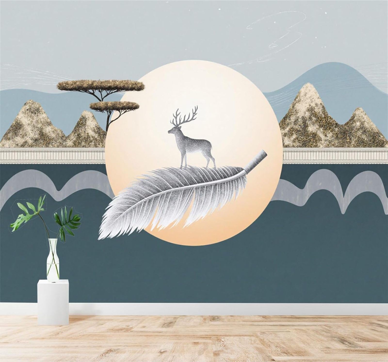 XLMING Feathers White Deer Mountains Sunset Landscape 3D Wallpaper Silky Texture Home Study Office Grey Dining Room Sofa Bedroom Living Room TV Backdrop-150cm×105cm
