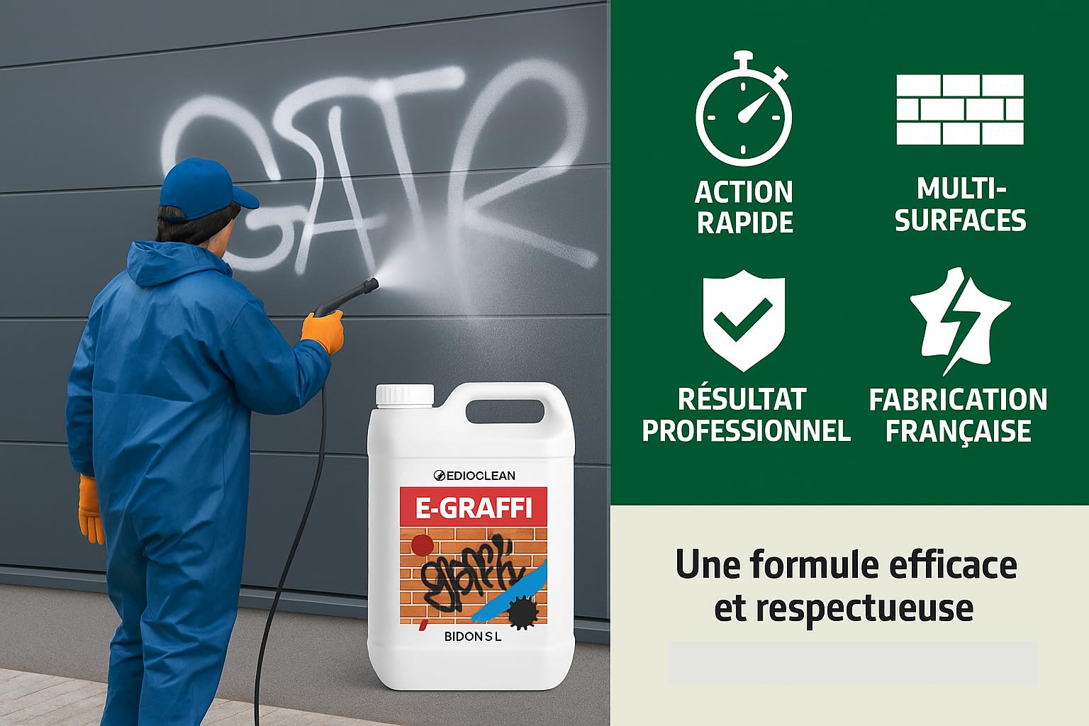 E-GRAFFI – Nettoyant Anti-Graffiti Professionnel | EBIOCLEAN | Élimine Feutres, Peintures, Façade, Panneau | Prêt à l’Emploi | Nettoyage Rapide & Sécurisé Toutes Surfaces | 5L + 1 Pulvérisateur