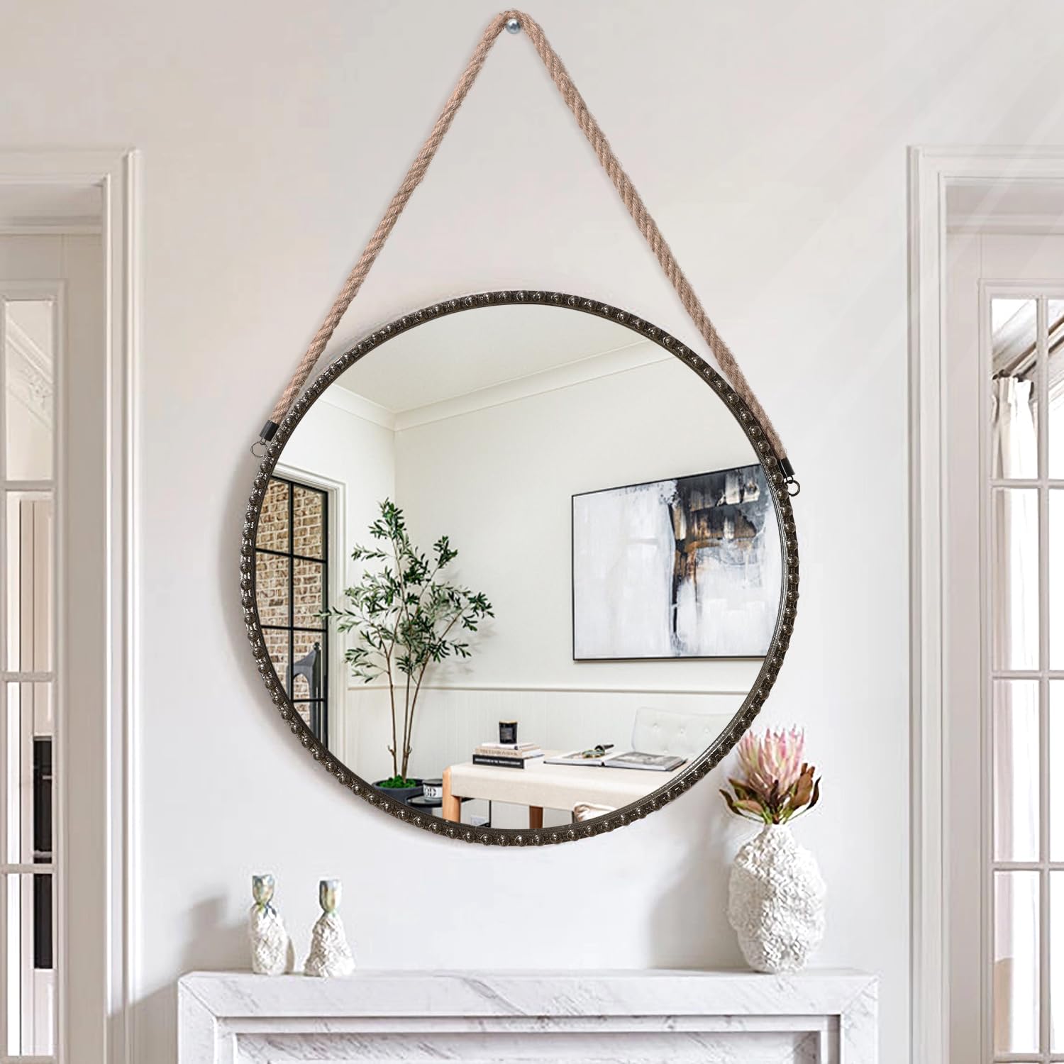 Lzuso Wall Hanging Mirror Round Metal Framed Circle Mirrors with Rope and Beaded for Bathroom Bedroom Entryway Home Bronze 60x60cm