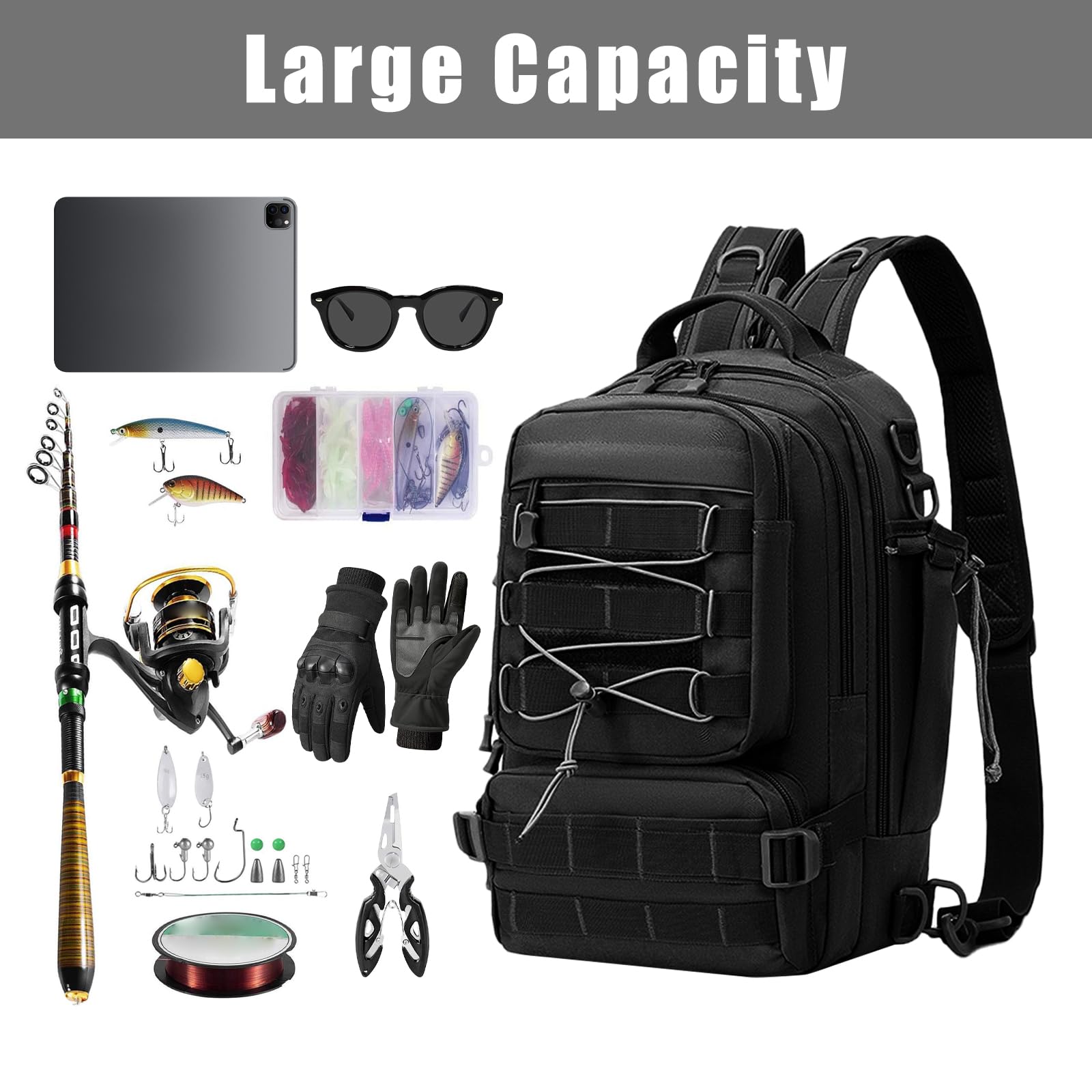 Angelrucksack, 22L Taktischer Rucksack, Angeltaschen mit Rutenhalter, Molle Militär Rucksack, Trekkingrucksacke Rucksäck, Angelgeräte Aufbewahrungstaschen, für Jagd, Camping, Outdoor