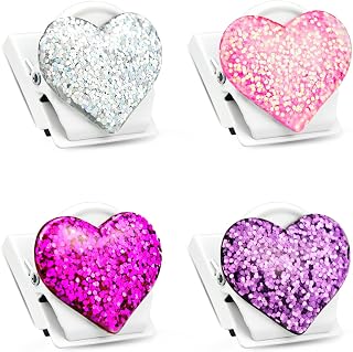 QingCo 4 Pack Bling Bling Love Heart Magnetic Clips, Heavy Duty, 1.4x1.2in, Yellow Metal, Suitable for Refrigerators, White Boards, and Other Magnetic Surfaces