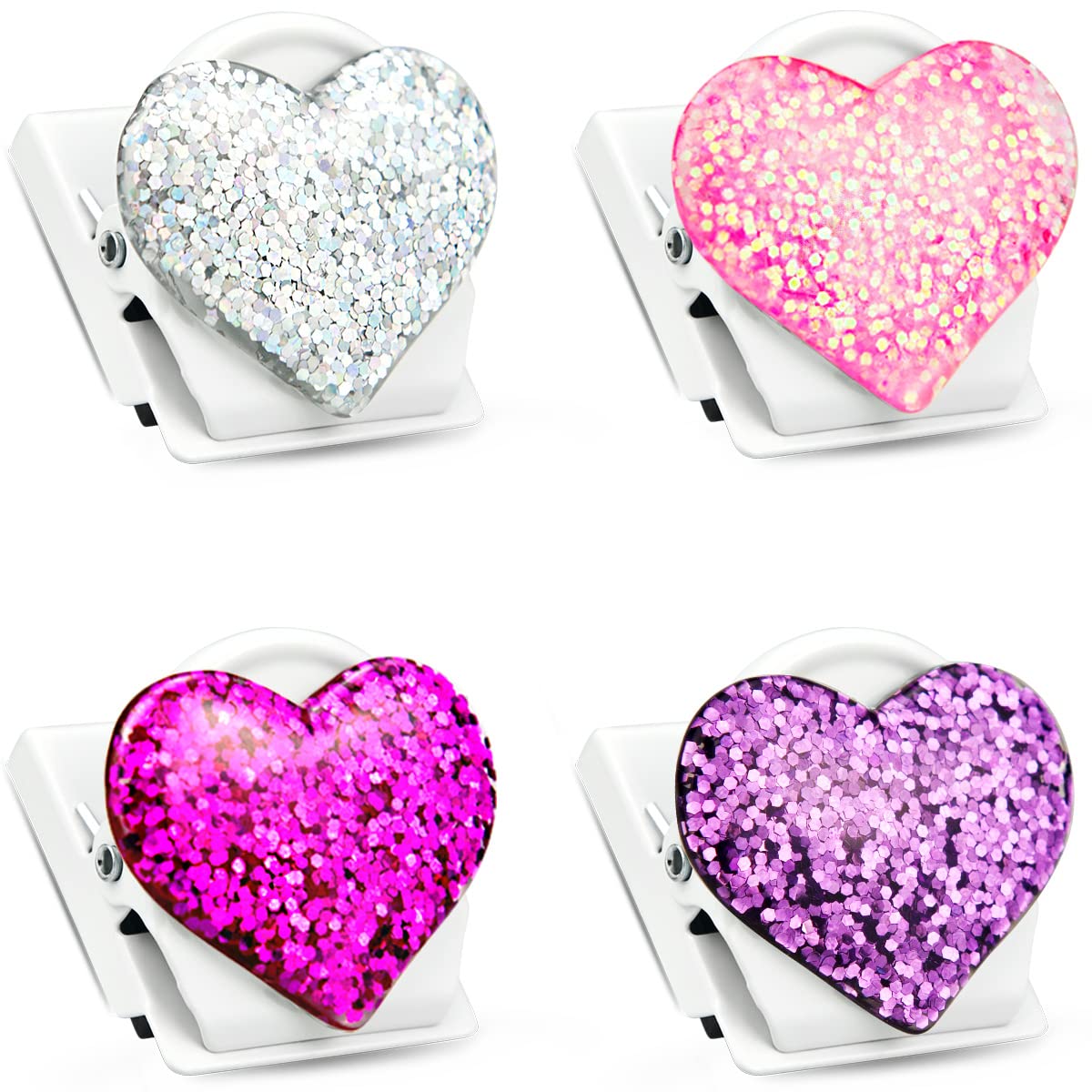 QingCo 4 Pack Bling Bling Love Heart Magnetic Clips, Heavy Duty, 1.4x1.2in, Yellow Metal, Suitable for Refrigerators, White Boards, and Other Magnetic Surfaces