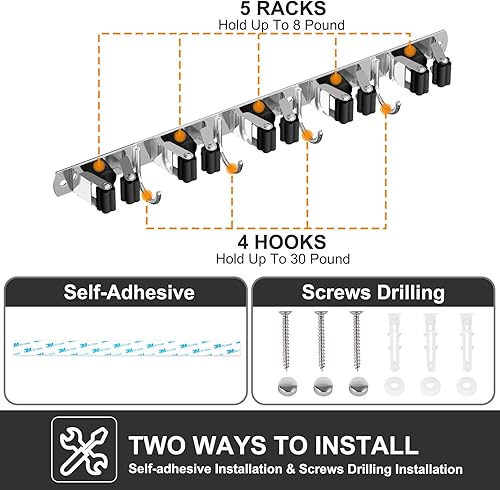 Miniatura 3 de HANZENMA Soporte de pared para escoba, organizador de escoba de acero inoxidable y colgador de trapeador, organización de almacenamiento resistente
