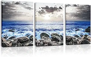 SERIMINO Beach Canvas Wall Art for Living Room, Blue Coastal Wall Decor for Bedroom, Seaside Pictures for Bathroom Wall Decoration, Ocean Painting Set for Office, Home Decor 12"X16"