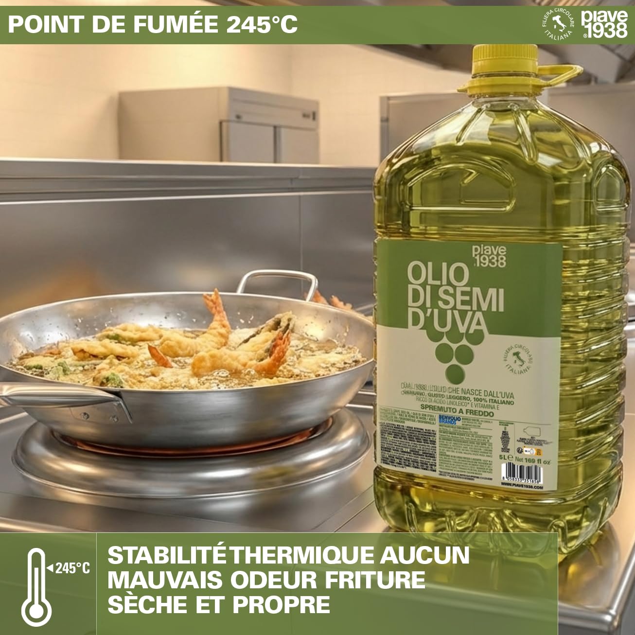 PIAVE 1938 Huile de Pépins de Raisin 5L, 100% Italienne, Huile de Friture Haute Température & Base Massage Neutre, Naturelle Riche en Vitamine E, Sans Hexane, Bidon Professionnel Horeca
