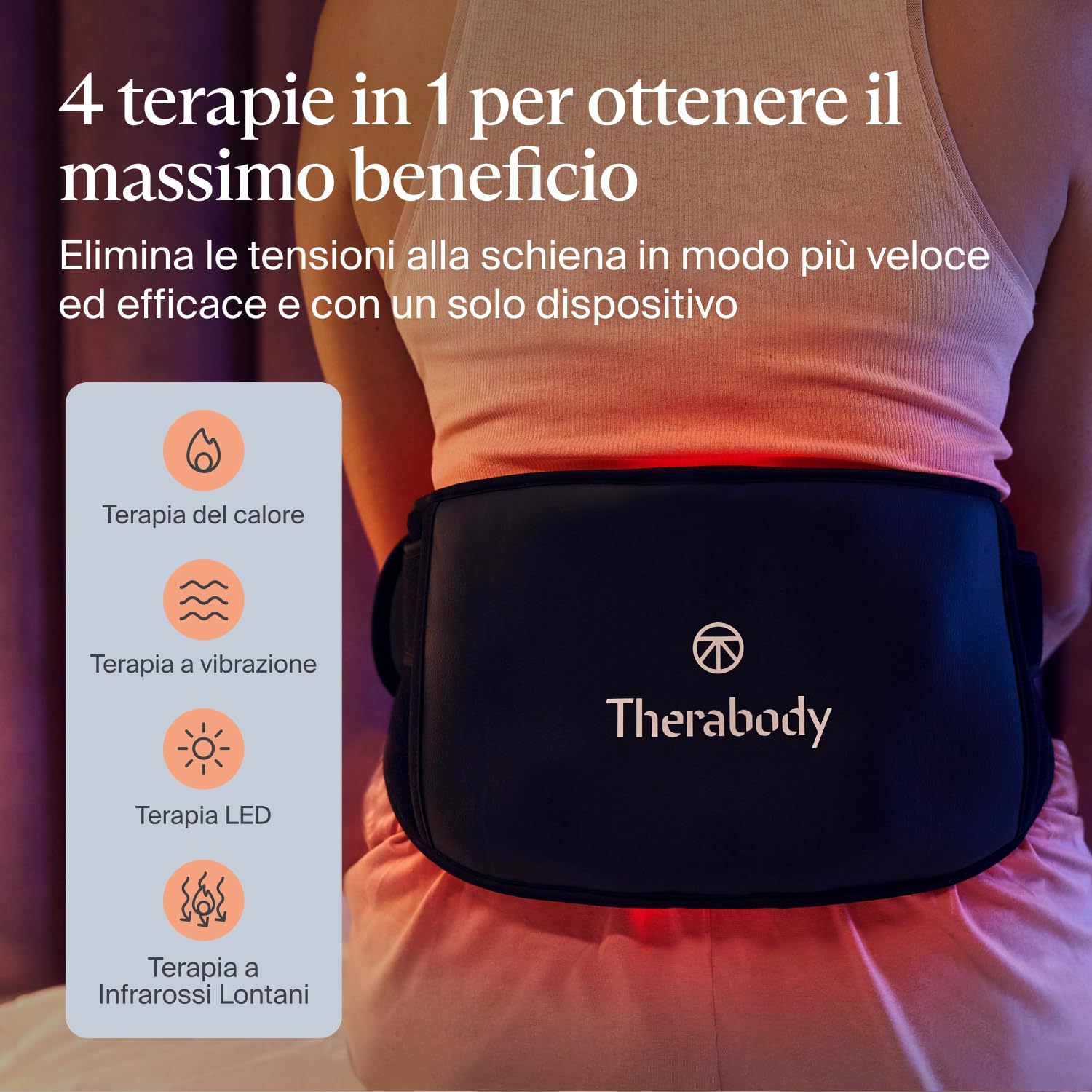 ThermBack LED di Therabody – fascia lombare 4 in 1 con terapie con calore, infrarossi lontani, vibrazione e luce LED per un rapido sollievo dalla tensione nella zona lombare.