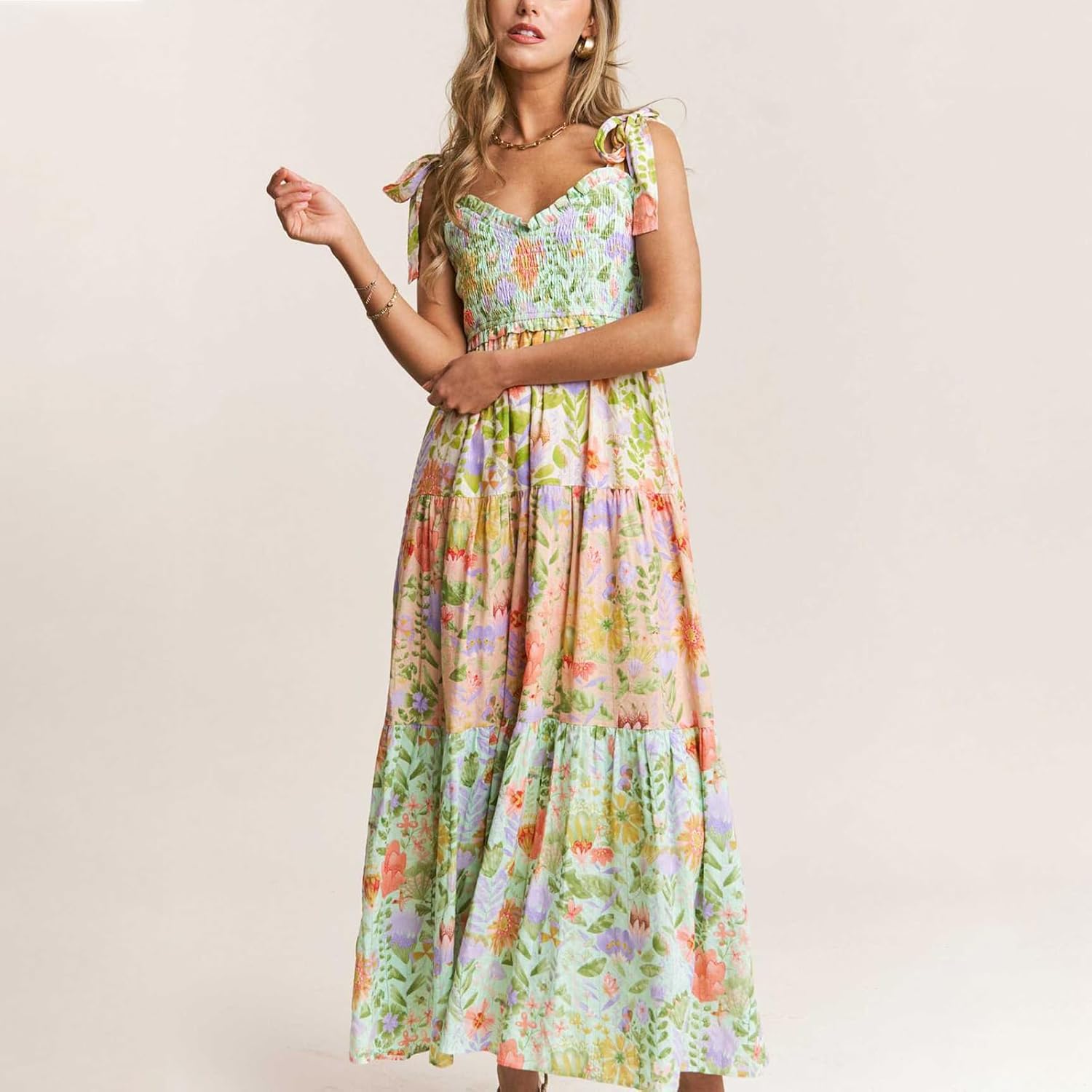 Women Boho Floral Sun Dress Tie Strap Sleeveless V Neck Patchwork Smocked Long Flowy Maxi Dress with Pockets - Image 4