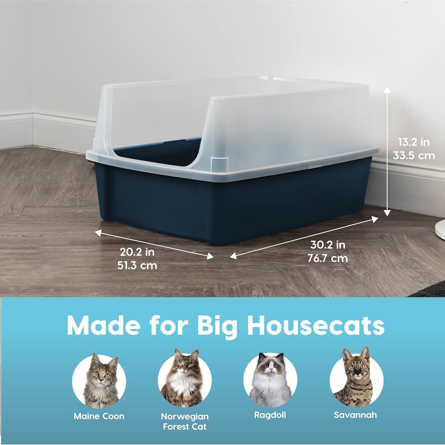 IRIS USA Cat Water Fountain 44oz with Two Flow Options & Silent Operation + Extra Large Open Top Cat Litter Box with High Sided Scatter Shield, Easy to Clean, Navy—Perfect for Big Cats!
