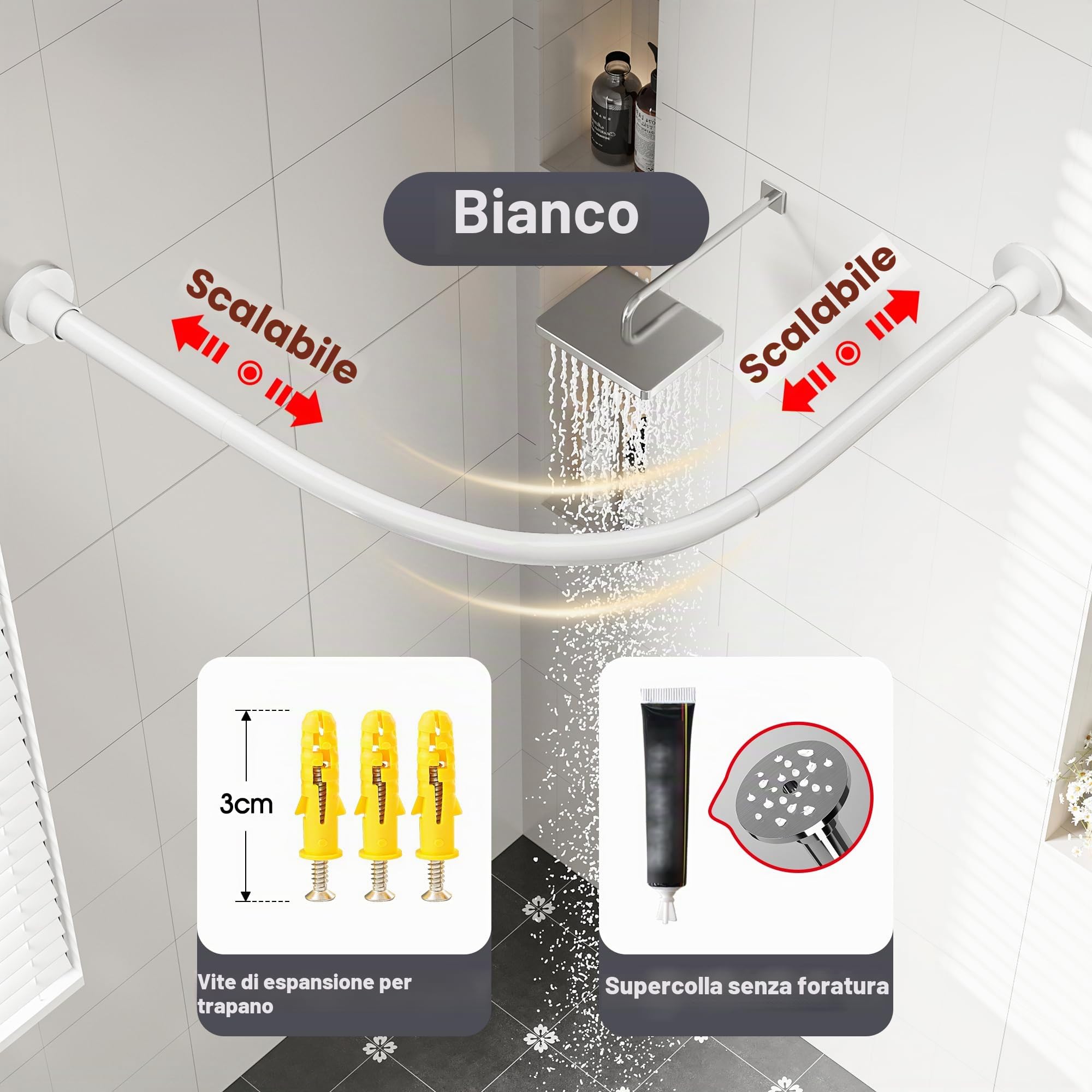 Asta per Tenda Doccia L Forma Regolabile, 90-130x90-130cm Bastone Tenda Doccia Angolare in Acciaio Inox, per Vasca da Bagno Bagno Spogliatoio Armadio, Forata/Senza Foratura, Bianco