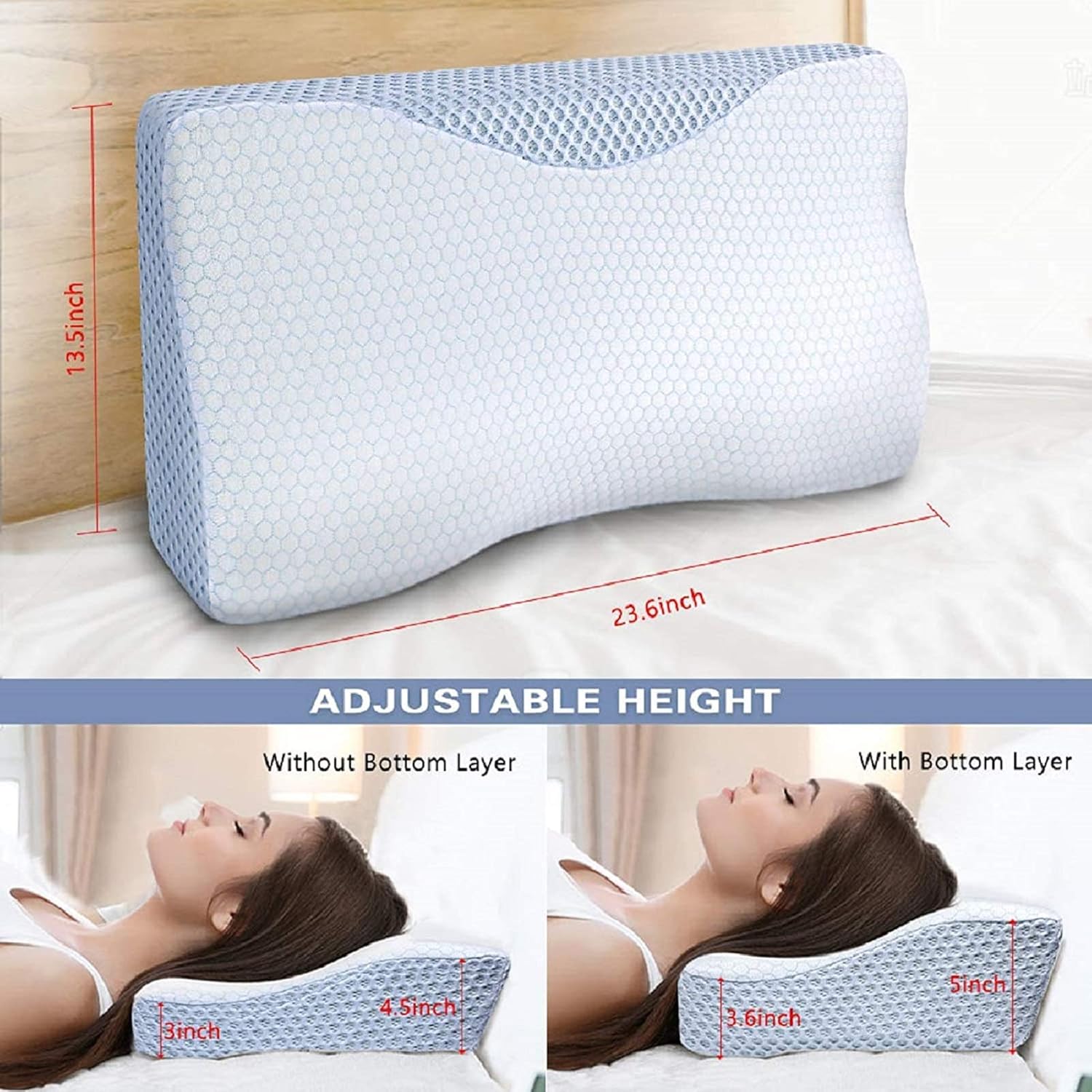 Pillow for Sleeping, Memory Foam Pillow for Neck Pain, Adjustable Cervical Pillow, Orthopedic Contour Pillow for Side, Back and Stomach Sleeper, Oeko-TEX and CertiPUR-US Certified (Queen Size) : Home & Kitchen