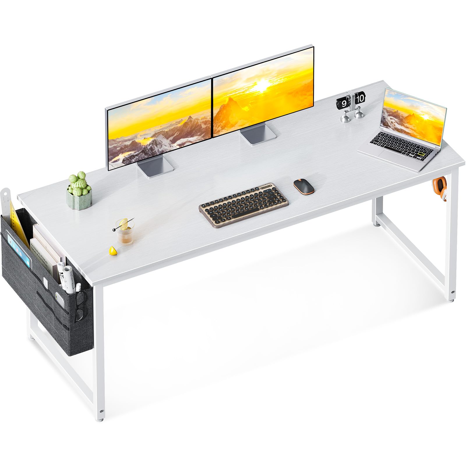 ODK Computer Desk Large Office Desk, 63 Inch Gaming Desk with Storage, Modern PC Desk Work Table with Headphone Hook for Home Office, White + White Leg