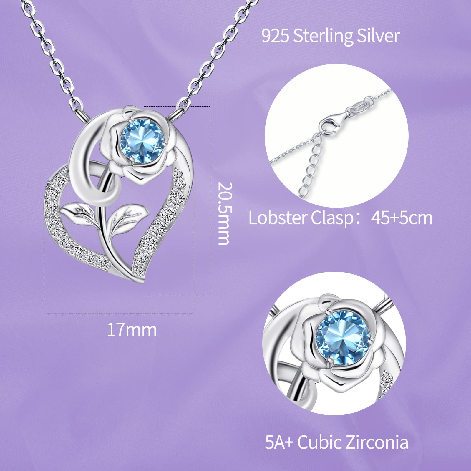 Qings Collar Muje de Corazón Piedras Nacimiento Plata de Ley 925 Collars Rosa Flor Colgante con 5A Circonita Dia de la Madre San Valentin Navidad Joyeria Regalo para Madre Hija Niñas