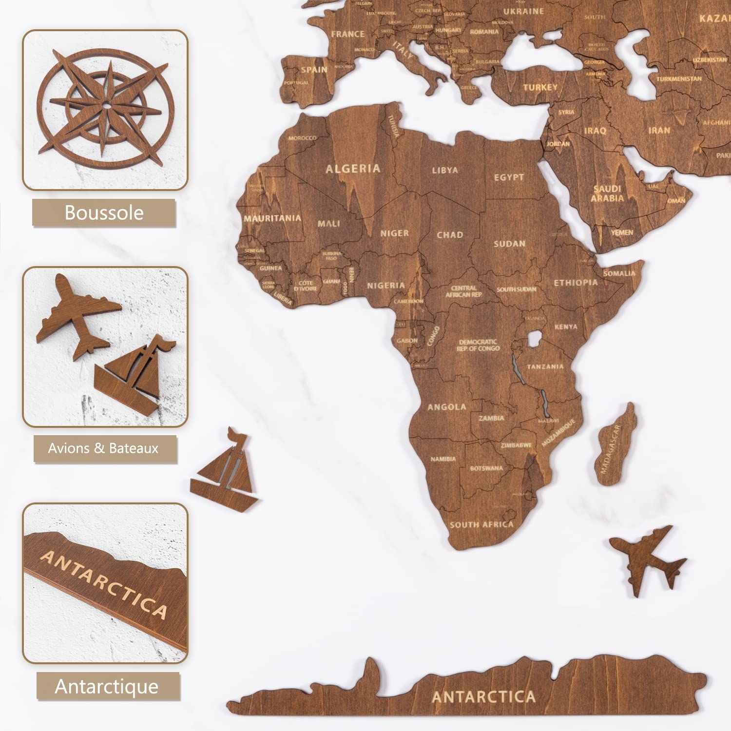 Creawoo Carte du monde de voyage en bois de noyer 100 x 57 cm