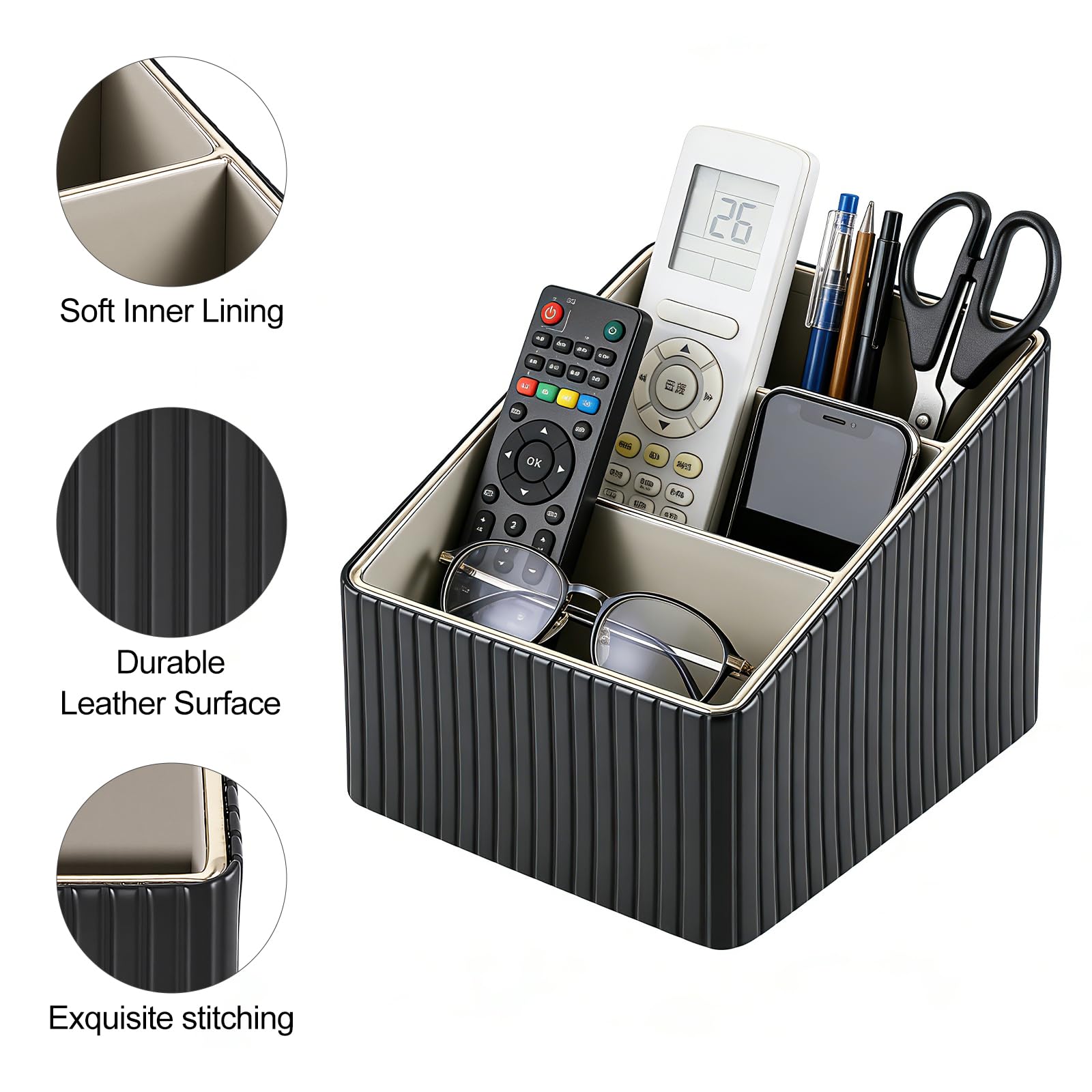 Fernbedienung Halterung mit 3 Taschen,PU Schreibtisch Organizer für Zuhause | Mehrere Fächer,Platzsparend,Schneller Zugriff,Fernbedienungshalter für Büro,Stifte Schreibtisch Aufbewahrung für TV 4K Stick