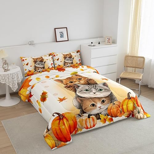 Miniatura 2 de Erosebridal Juego de edredón de gatos lindos para niños, juego de ropa de cama de calabaza y hoja de arce para niñas y niños, juego de edredón de