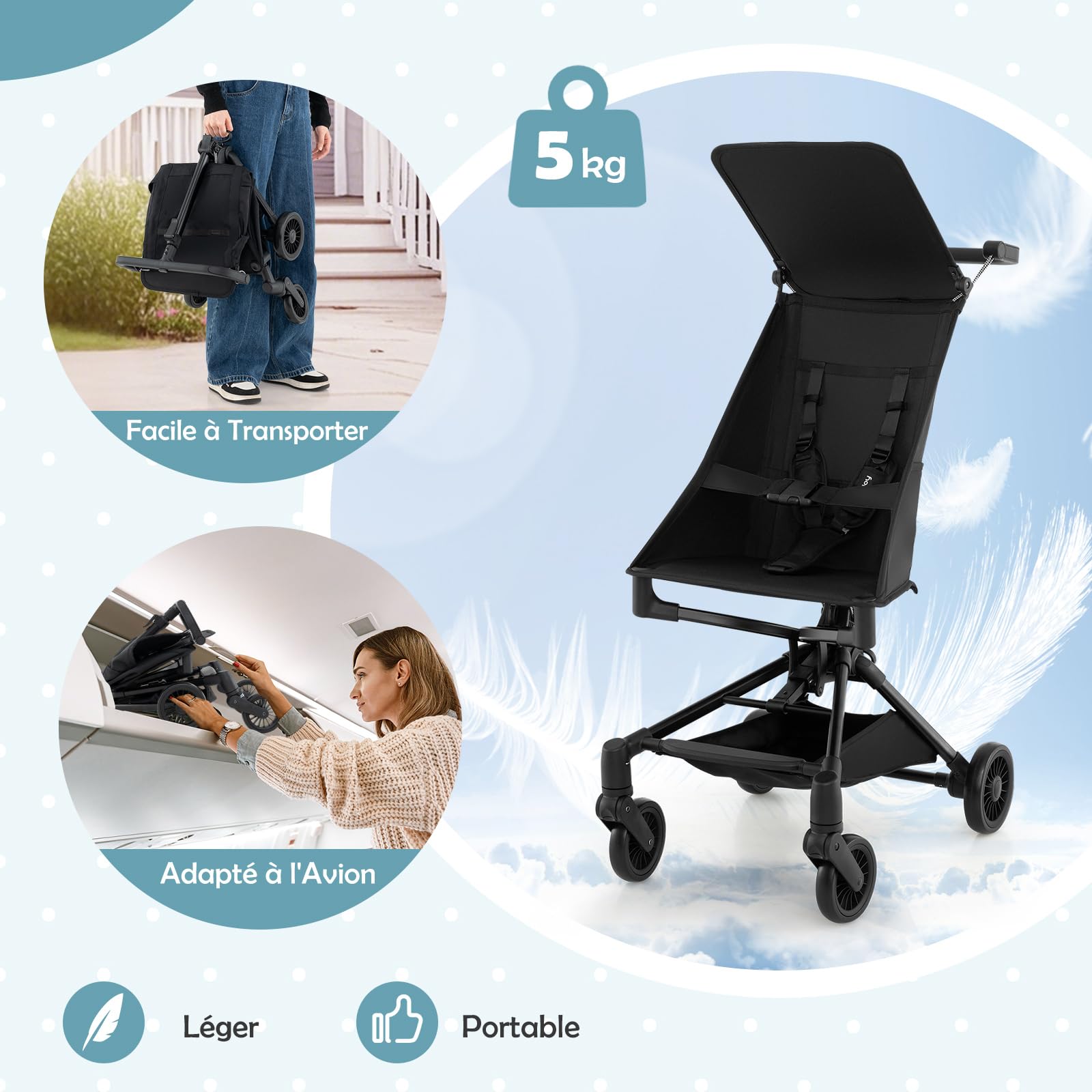 COSTWAY Poussette Canne Bébé avec Canopy Ajustable & Siège Hamac, Poussette Compacte et Légère Pliable avec Panier Inférieur & Roues Tout-Terrain en EVA pour Bébé de 6 Mois+, Noir