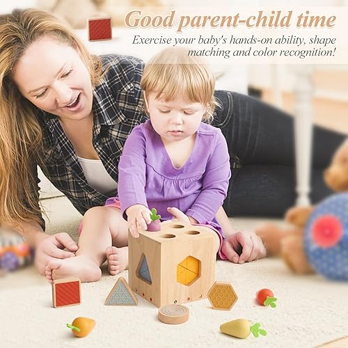Miniatura 6 de Montessori Juguetes para niños y niñas pequeños clasificador de formas de madera, cubo de actividades, sensorial con bloque de forma, zanahorias,