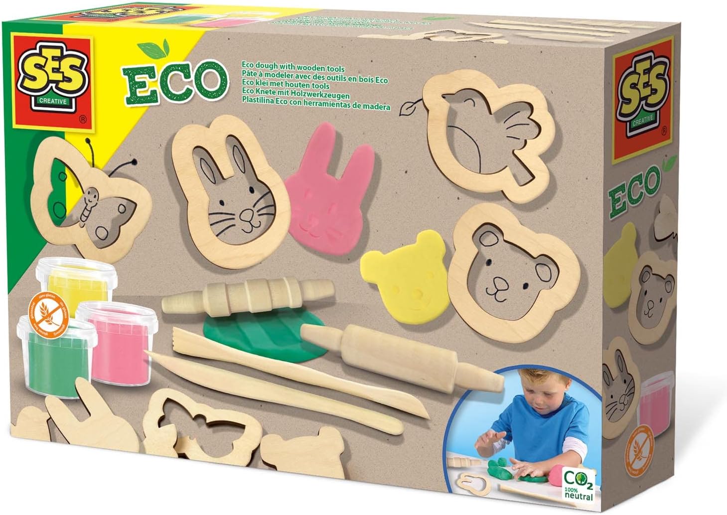 Eco Dough Set with Wooden Tools – Natural Modelling Clay Kit for Kids Age 3+, Sustainable Arts & Crafts Play for Boys & Girls