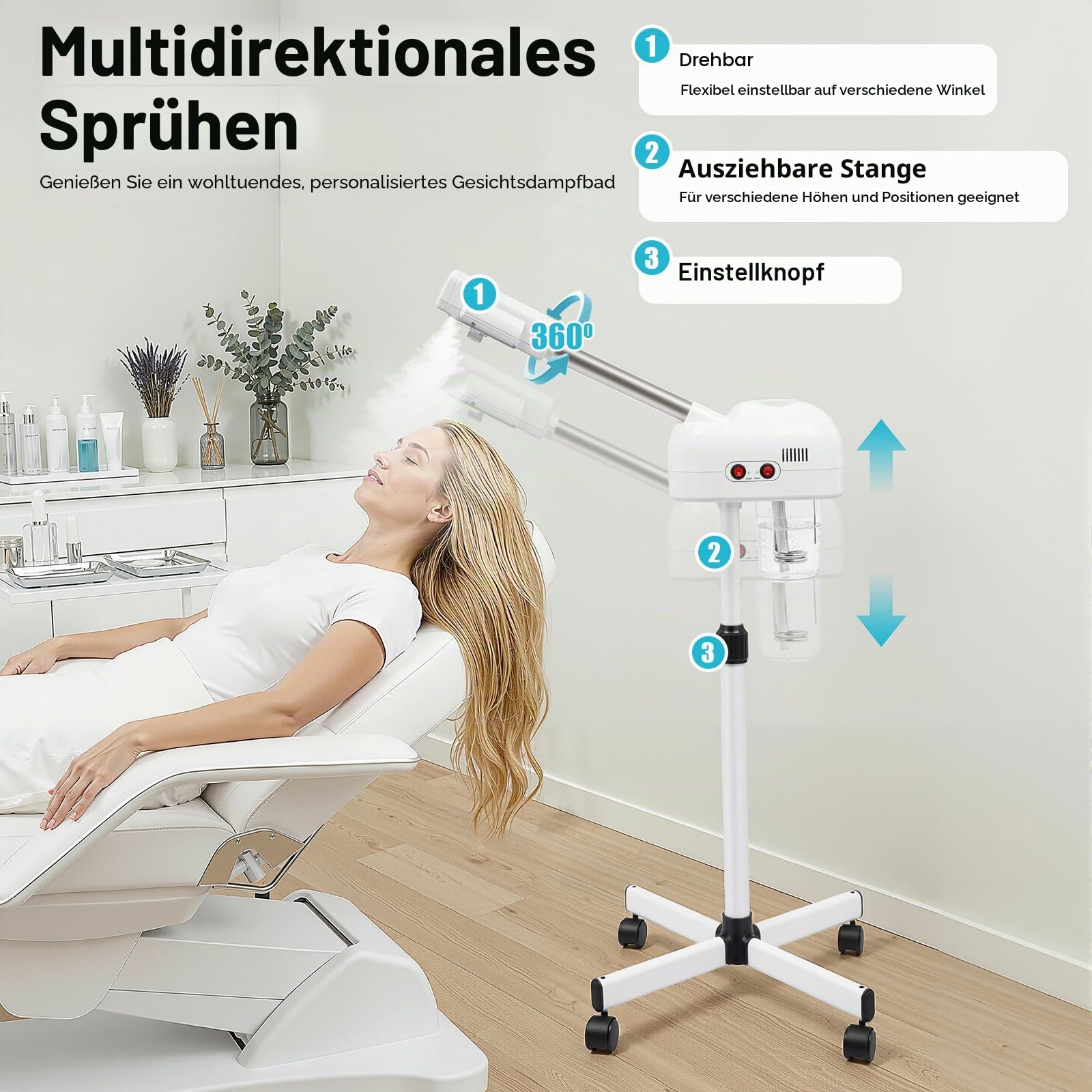 Gesichtsdampfer 800W mit Eisenständer Professioneller 2 in 1 Ozon Dampfgerät mit 360° Drehdüse für Salon & Zuhause 750ml