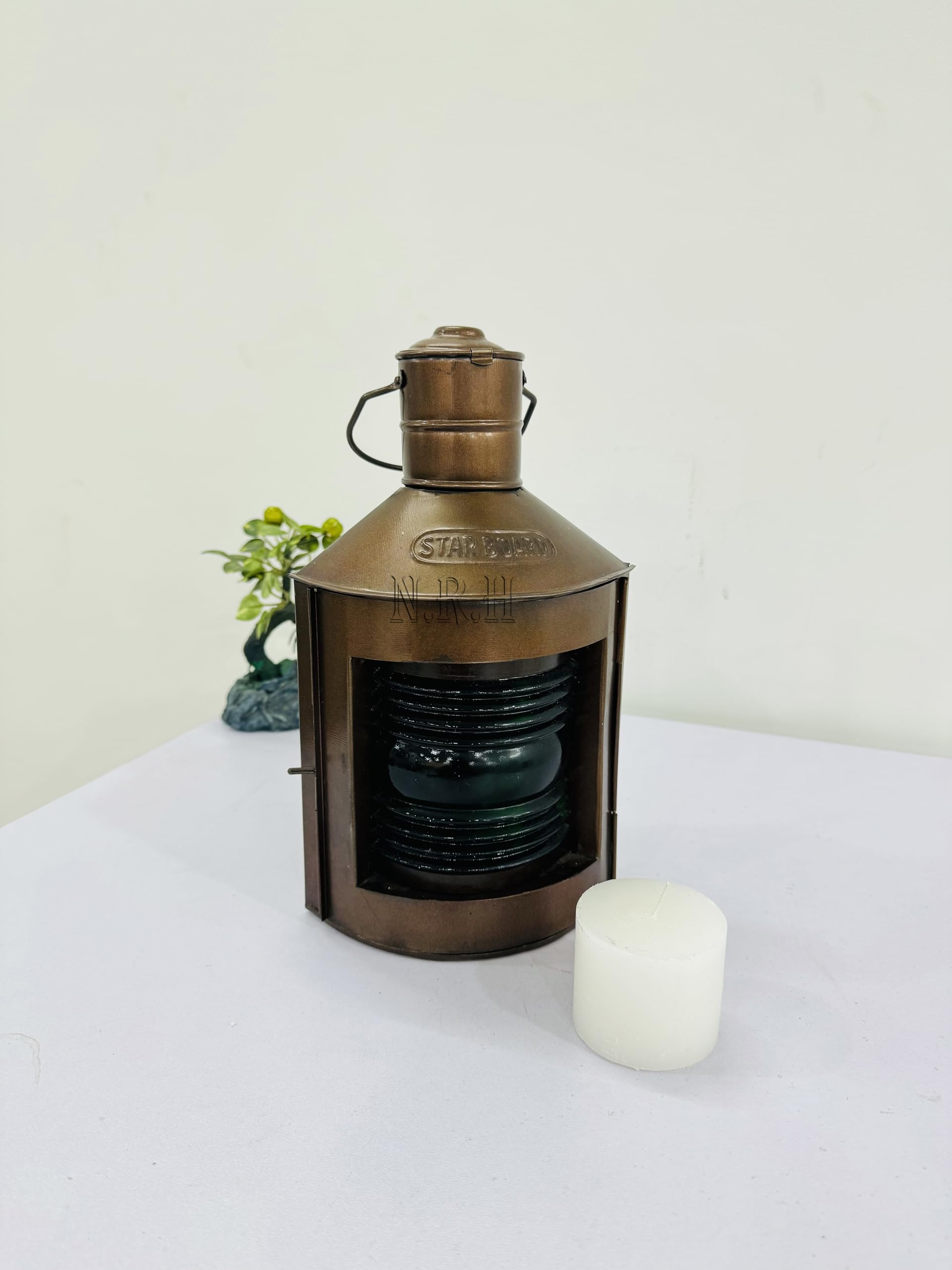 Farol portavelas de Cobre con Estrella de Cobre, Farol de Vela con Cristal Verde, Centro de Mesa Costera para Interiores y Exteriores, decoración Colgante para el hogar