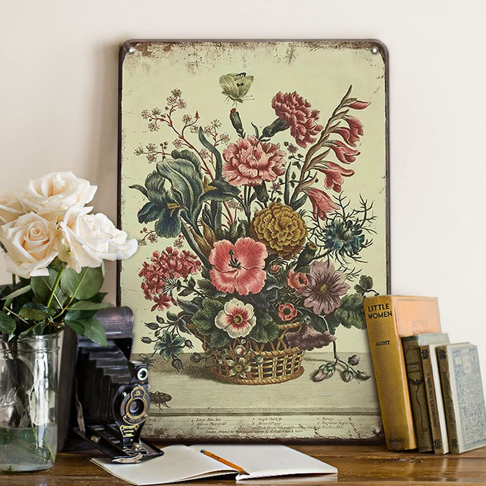 rayprint French Country Decor Flower Art Painting Retro Wall Decor Tin Signs, 8x12 Inch Vintage Decor Coffee Bar Decor Metal Sign for Home, Living Room, Garage, Garden, Floral Wall Decor