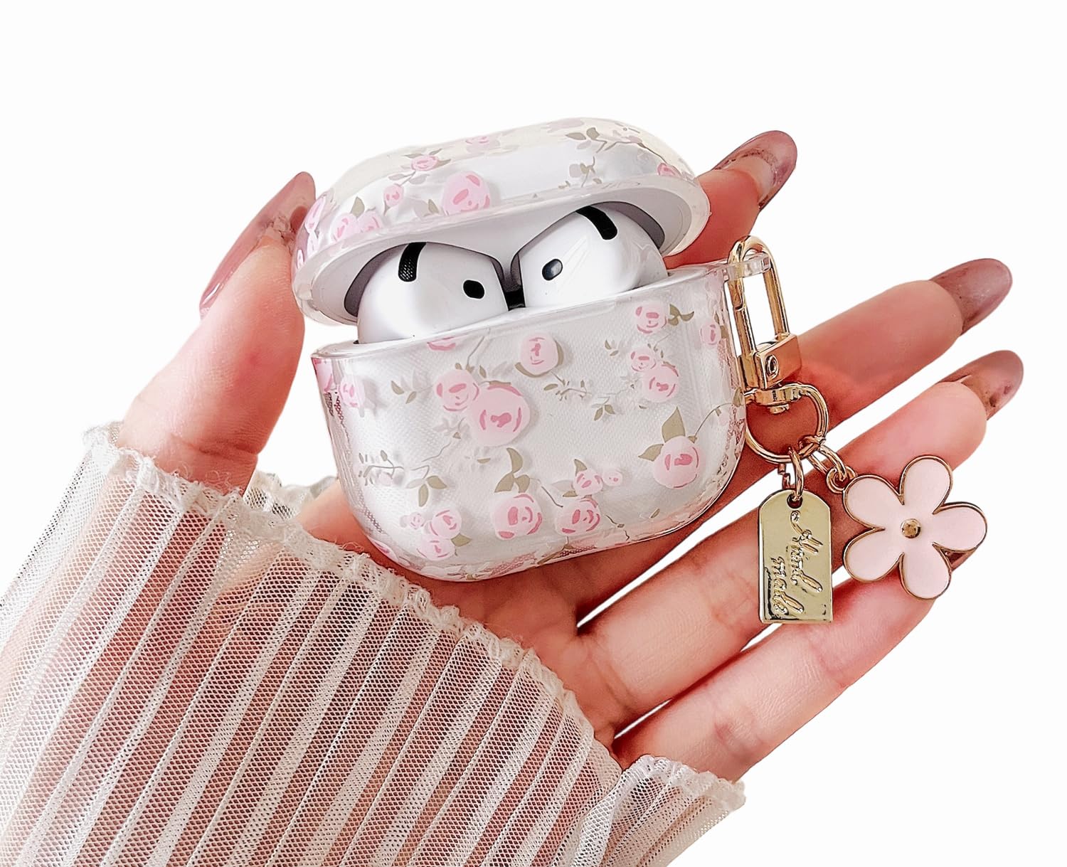 MINSCOSE Compatible with AirPods 4 Clear Case,Cute Flower Pattern Design with Floral Keychain, Soft TPU Protective Shockproof Cover for AirPods 4th