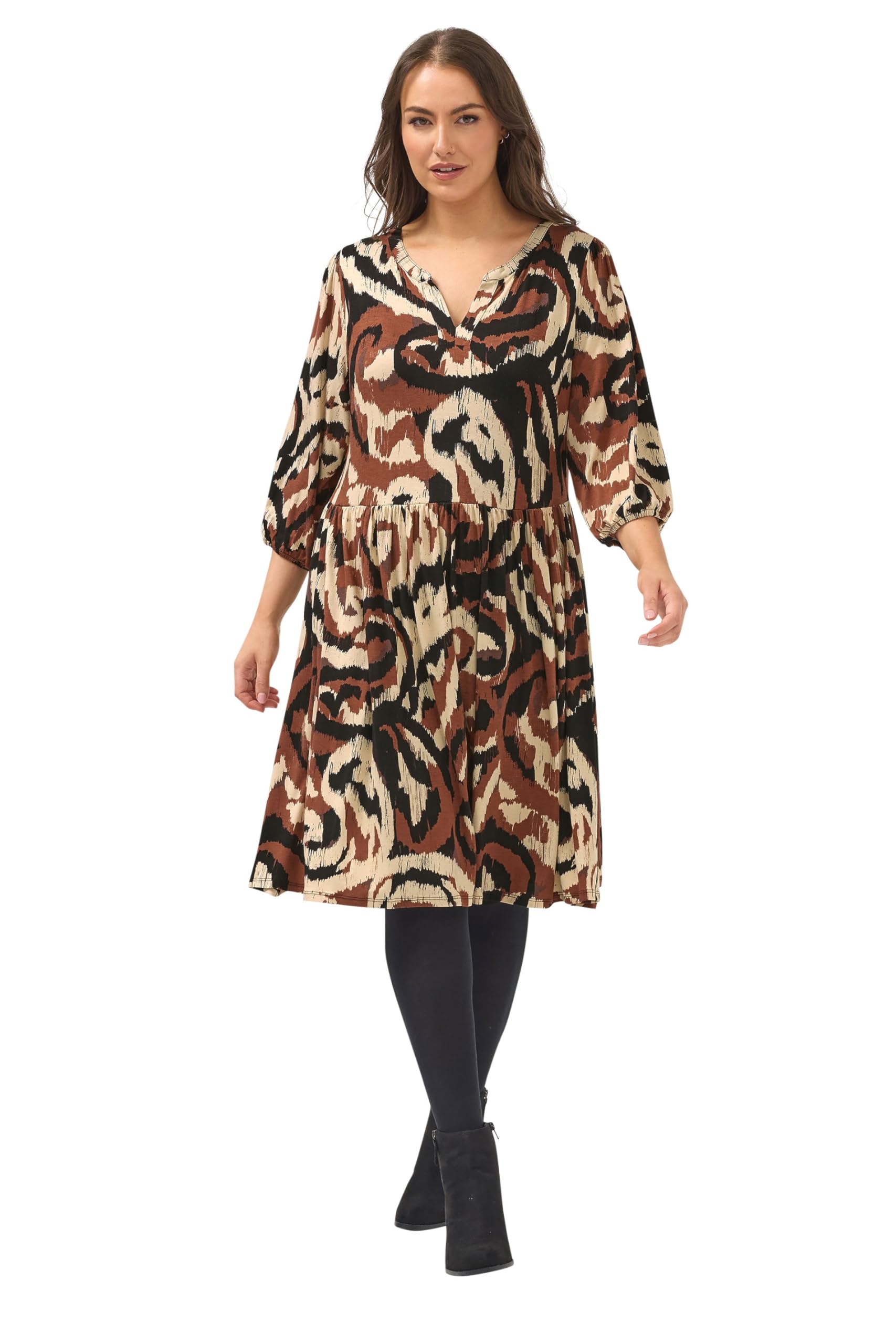 Yours Women's Brown Curve Abstract Notch Neck Dress - Plus Size Curve