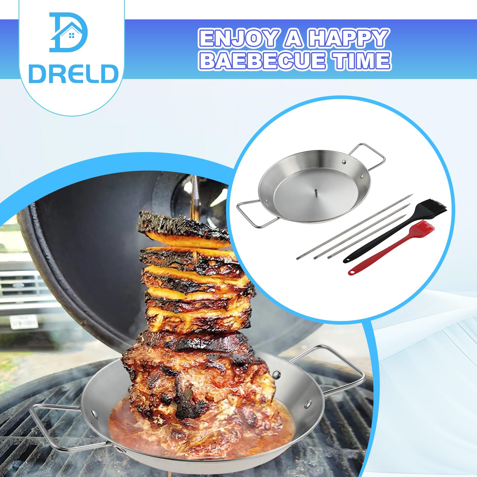 DRELD Pionowy szaszłyk, 3 rozmiary, odpinamy rożen, grill, rożen mięsny, stal nierdzewna, rondel z dużą tacką do odsączania dla brojlera, średniego kurczaka, steku, kebaba, shawarmy, kebaba, gyrosa