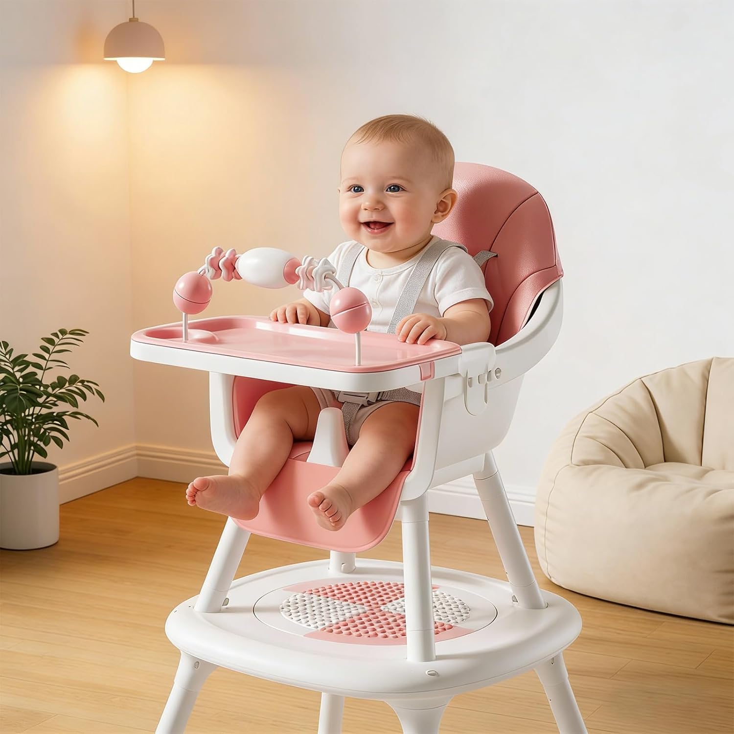 Convertible 4-in-1 Baby High Chair with Block Table, Infant to Toddler Feeding Chair with Play Tray & Built-in Toys, Removable PU Cushion, Easy to Clean Dining & Activity Chair–Pink