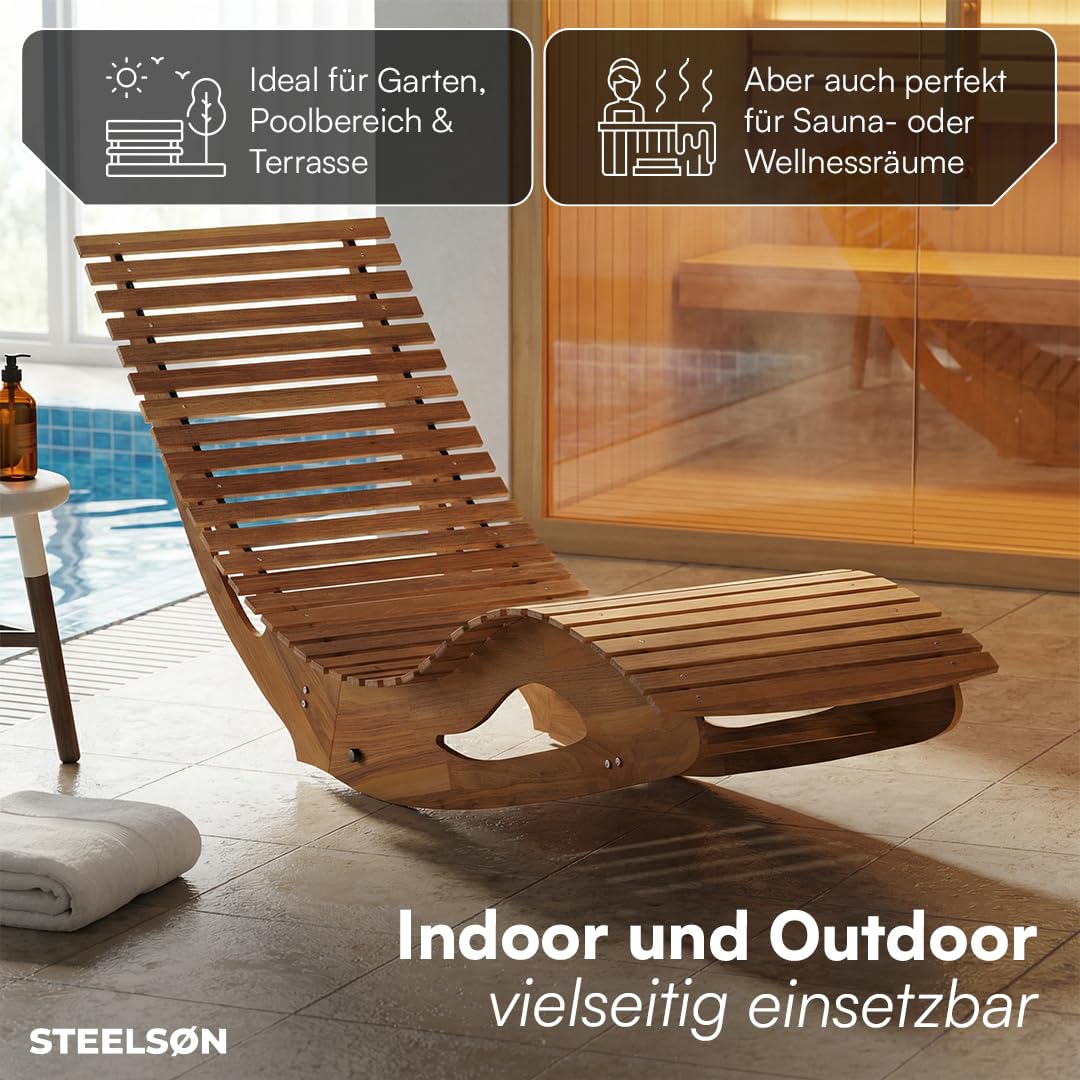 STEELSØN Solaria Gartenliege, Akazienholz geölt, klappbar, 150kg, Outdoor | Holzliege klappbar, Liegestuhl Akazienholz geölt, Sonnenliege, ergonomische Saunaliege wetterfest, Schaukelliege, Relaxliege